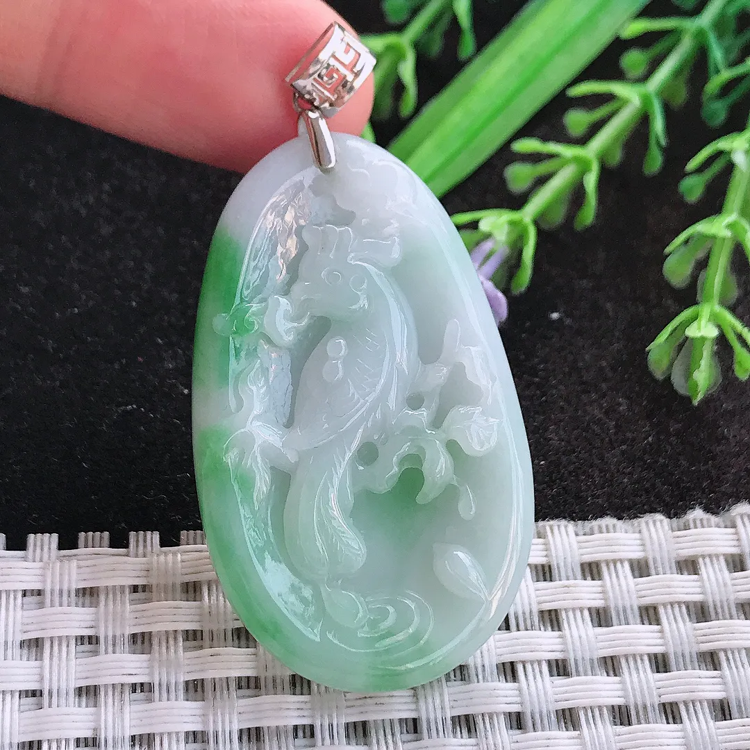 天然A货翡翠44/26.5/5.6老坑18k金镶嵌秀气飘绿鹦鹉吊坠翡翠玉喜上眉梢