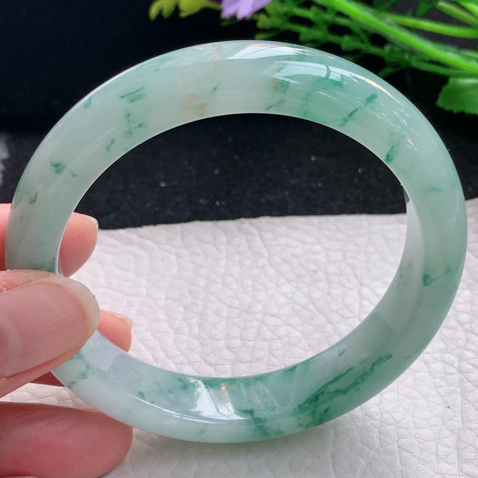 js自然光59.5*13.2*8.5平安镯 缅甸翡翠a货玉手镯冰飘花宽边玉手环