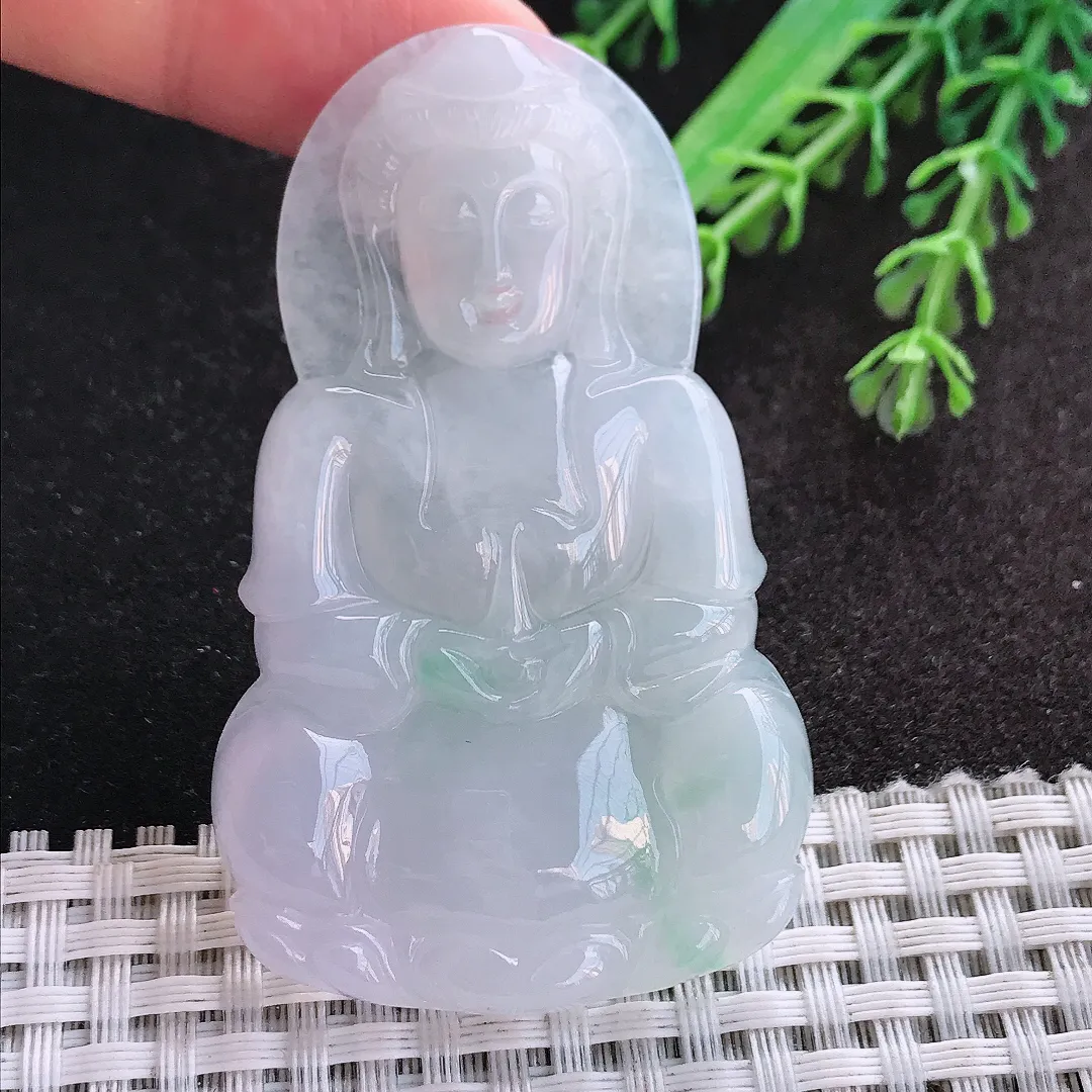 天然A货翡翠63/38.5/5.6老坑冰润起胶正装观音吊坠翡翠玉挂件