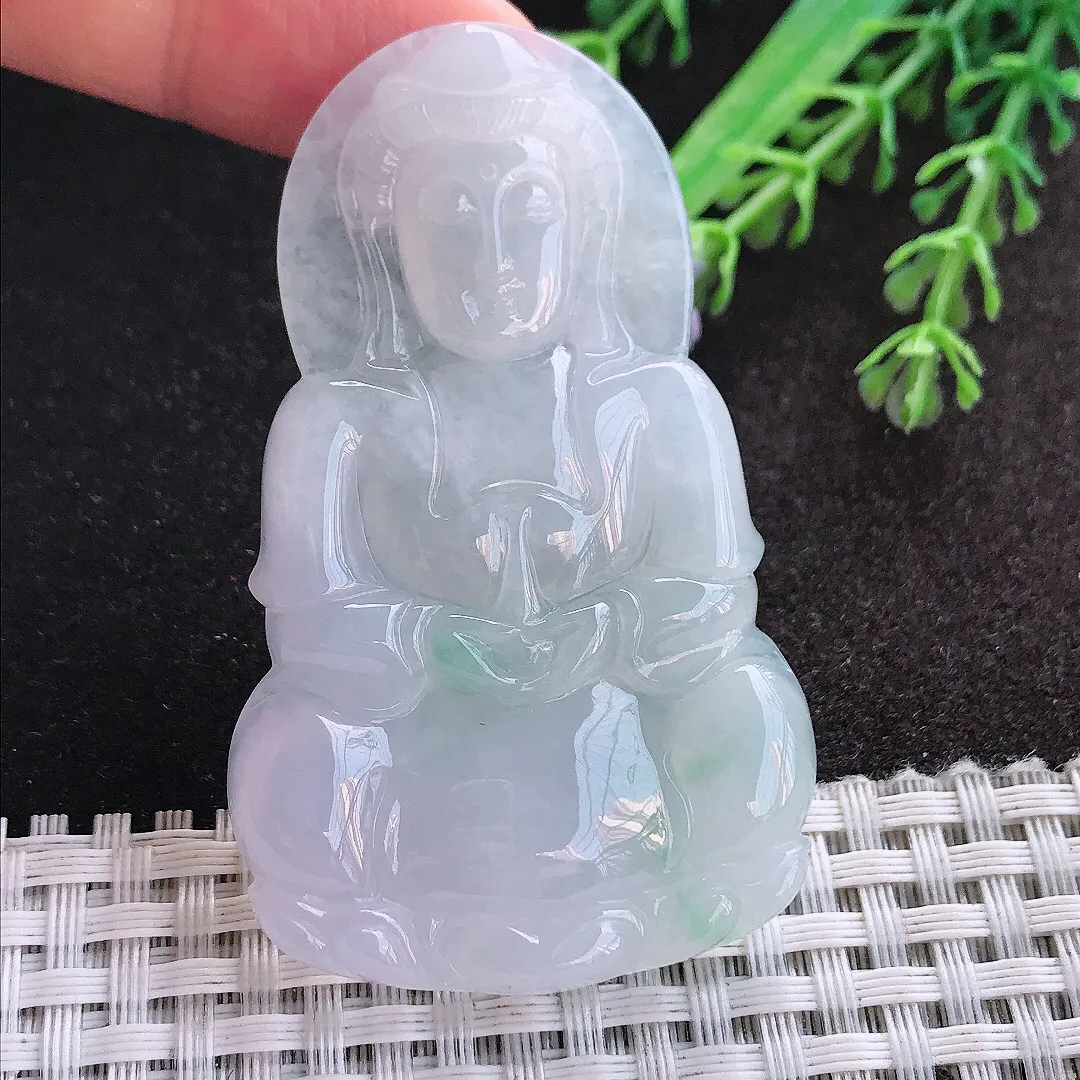 天然A货翡翠63/38.5/5.6老坑冰润起胶正装观音吊坠翡翠玉挂件