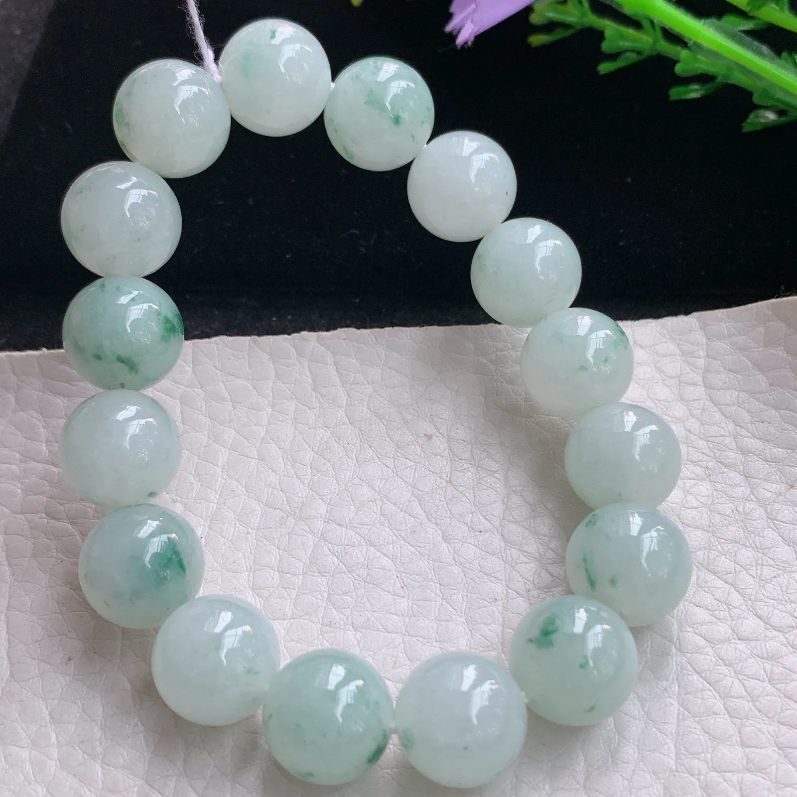 ss自然光12.6mm天然缅甸翡翠a货冰飘花圆珠玉手链  玉手串