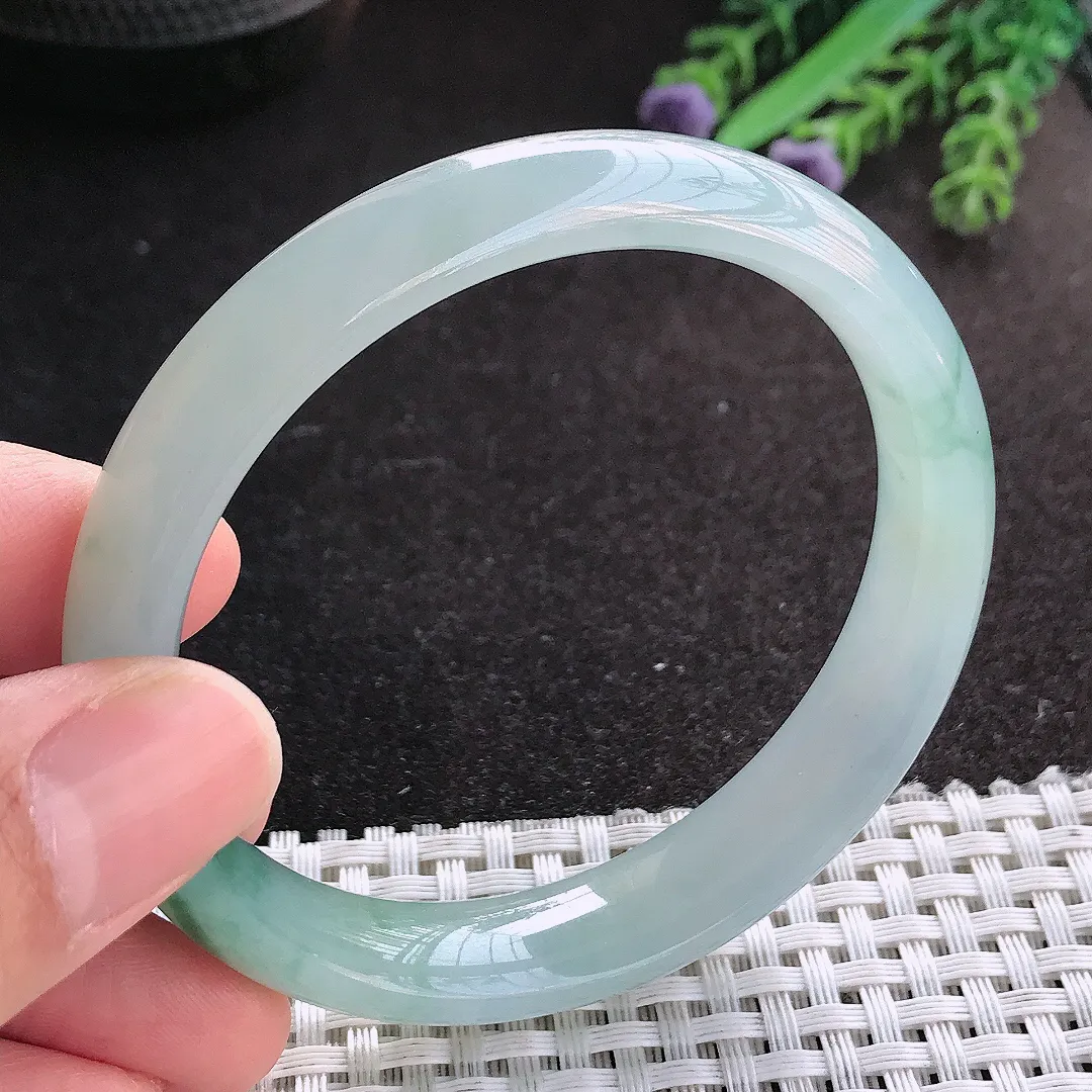 天然A货翡翠57/12.1/7.4老坑冰润果冻胶冰飘花手镯宽边玉镯