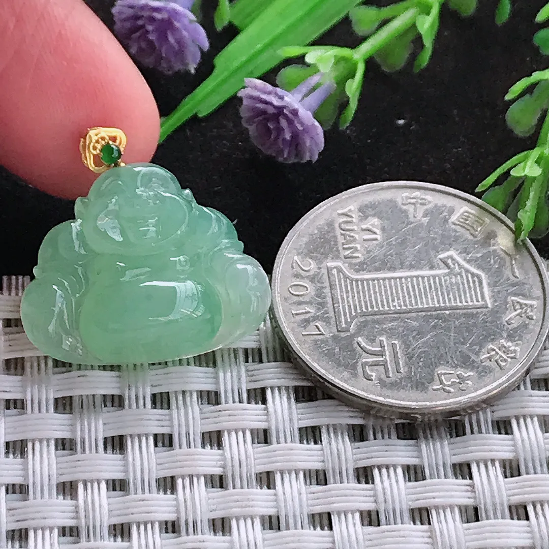 天然A货翡翠17.3/21.6/6老坑18k金镶嵌冰晴绿小佛公吊坠翡翠玉挂件