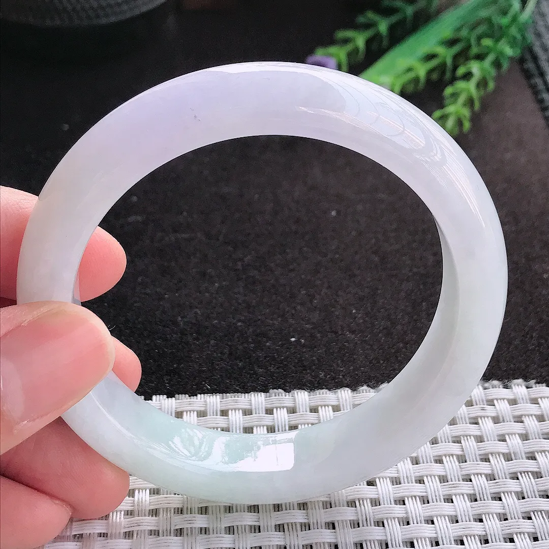 天然A货翡翠57/12.6/8.8老坑冰润起胶浅色紫罗兰手镯宽边玉镯