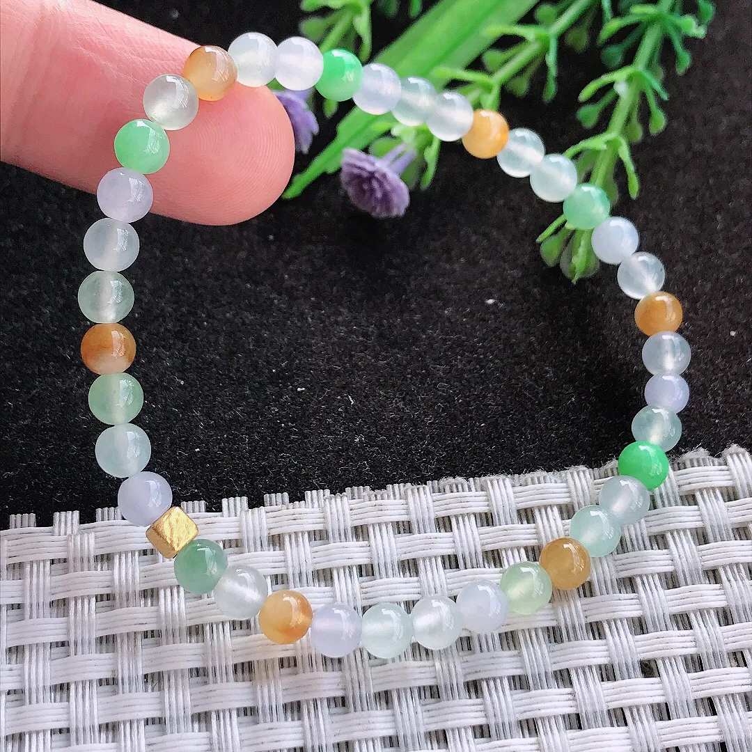 天然A货翡翠4.8/38颗老坑冰透起胶三彩小米珠手链玉珠手串