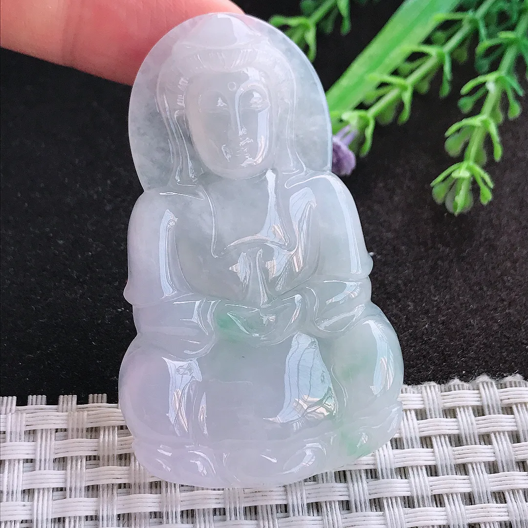 天然A货翡翠63/38.5/5.6老坑冰润起胶正装观音吊坠翡翠玉挂件