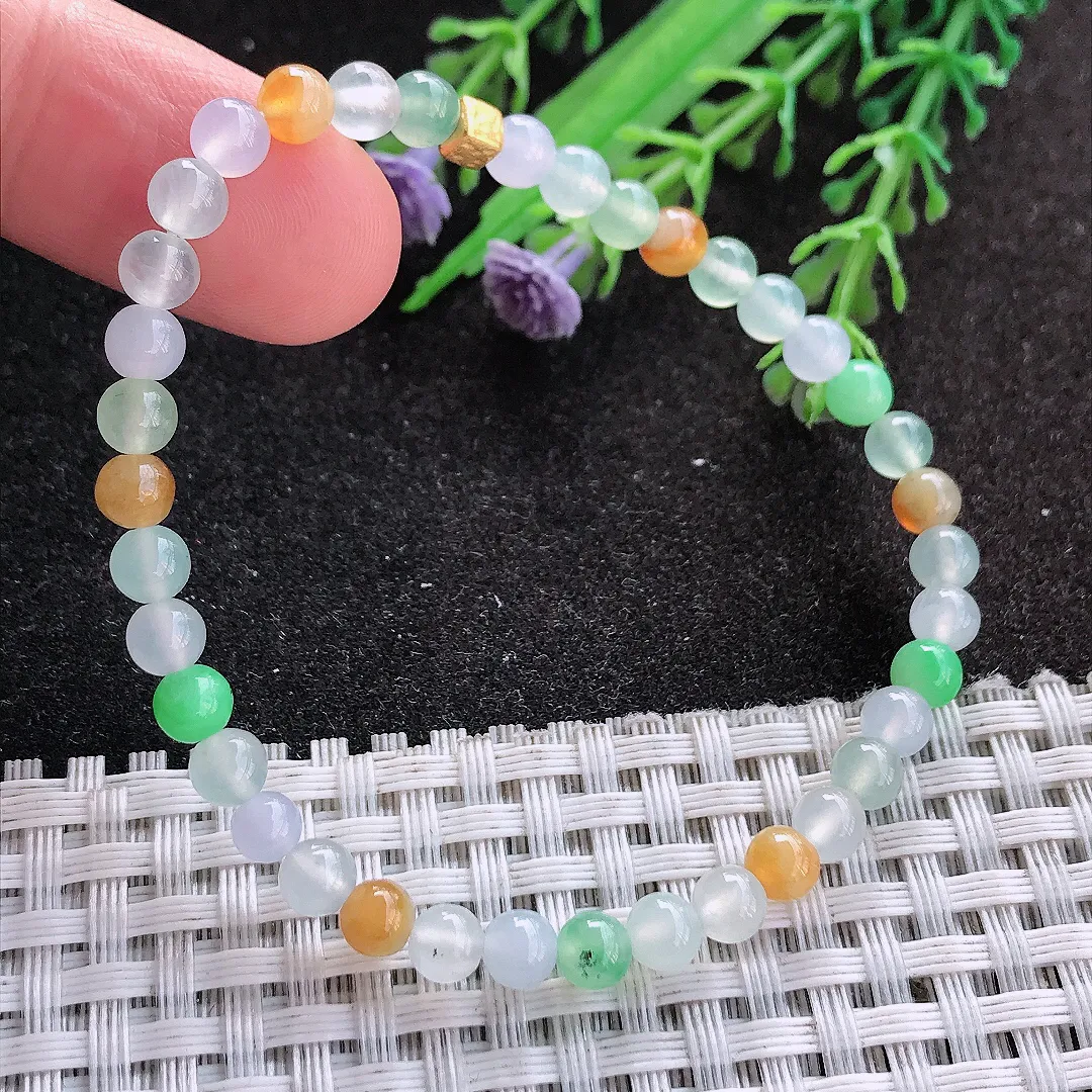 天然A货翡翠4.8/38颗老坑冰透起胶三彩小米珠手链玉珠手串