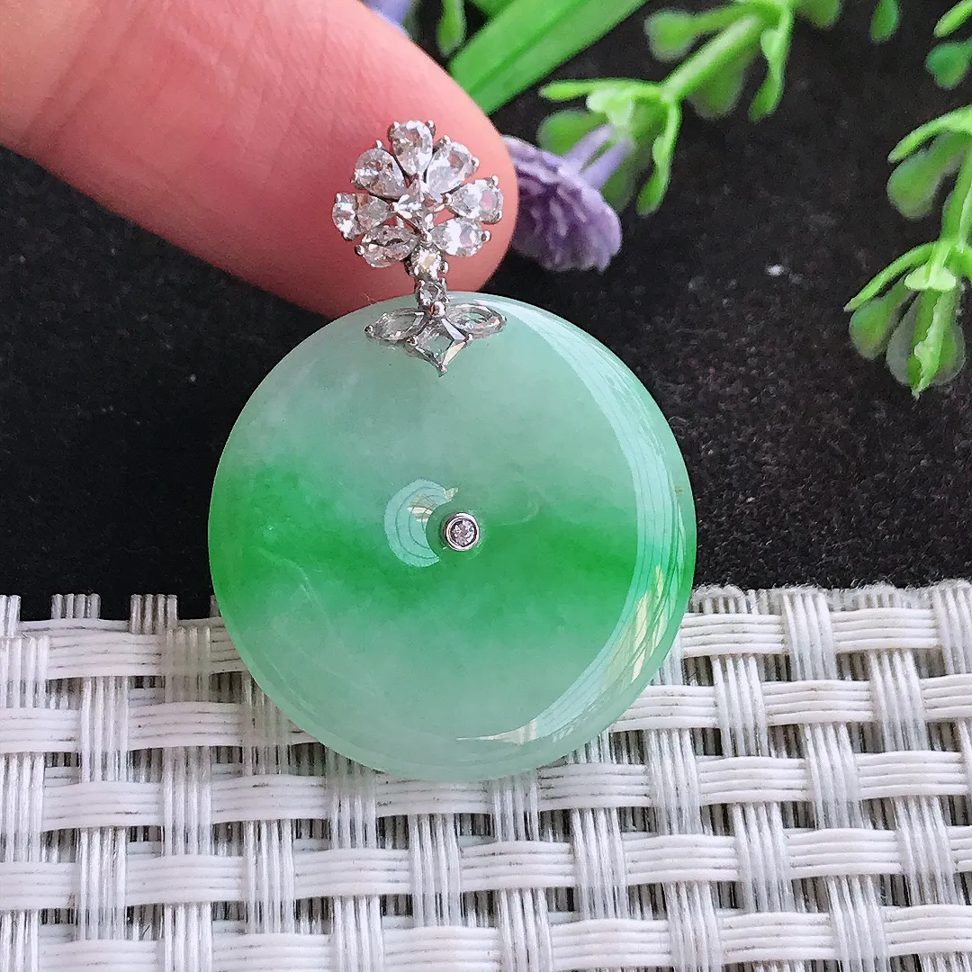 天然A货翡翠25.1/4老坑18k金镶嵌冰润飘阳绿平安扣吊坠翡翠玉挂件