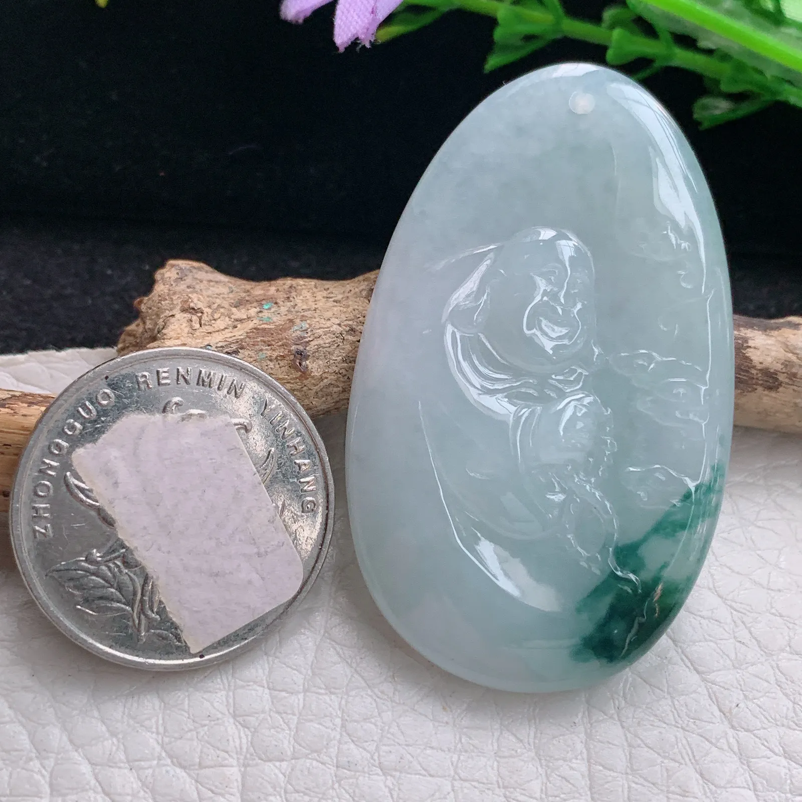 kh实拍50*30*6缅甸翡翠冰飘花开心佛 佛公玉项坠 玉挂件