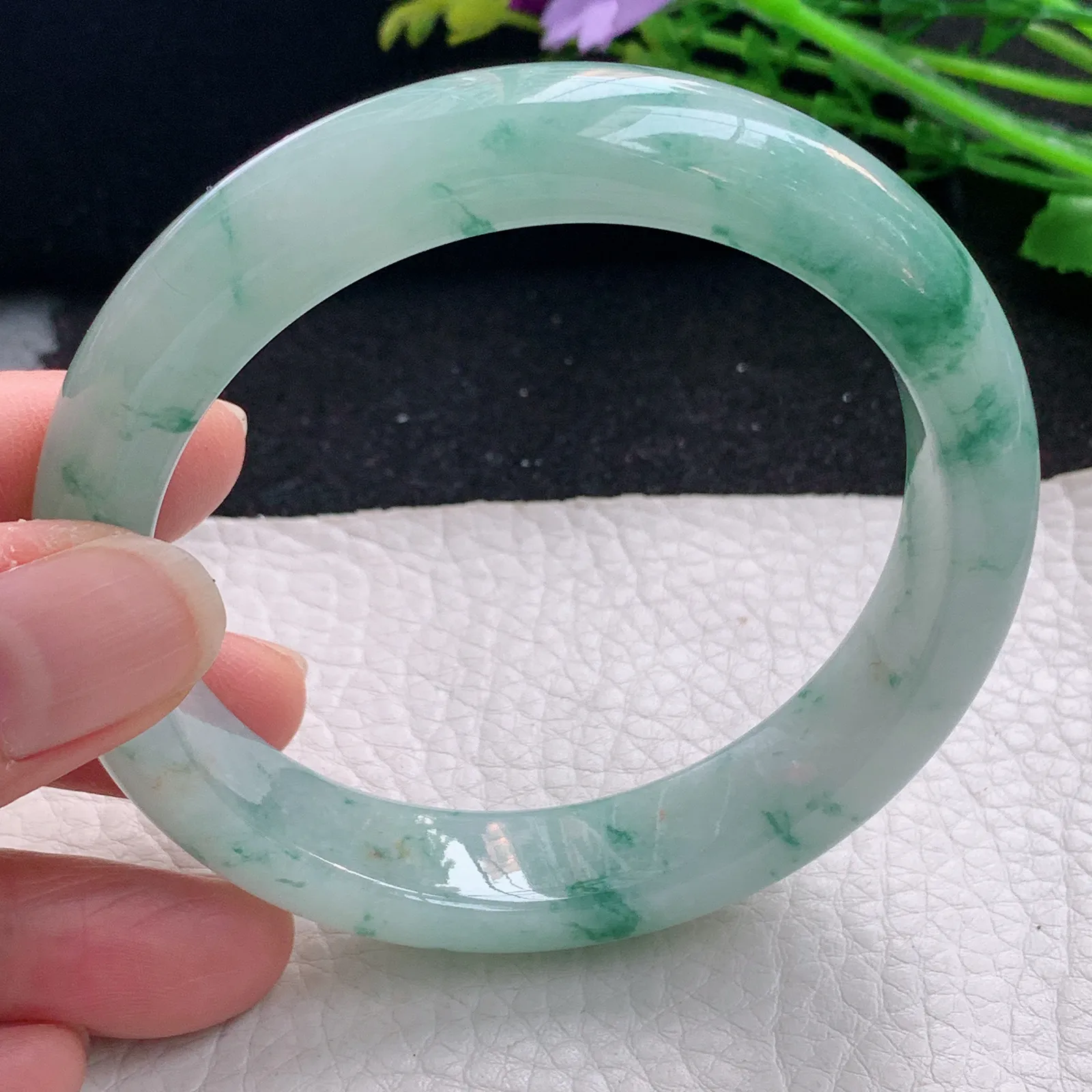 js自然光59.5*13.2*8.5平安镯 缅甸翡翠a货玉手镯冰飘花宽边玉手环