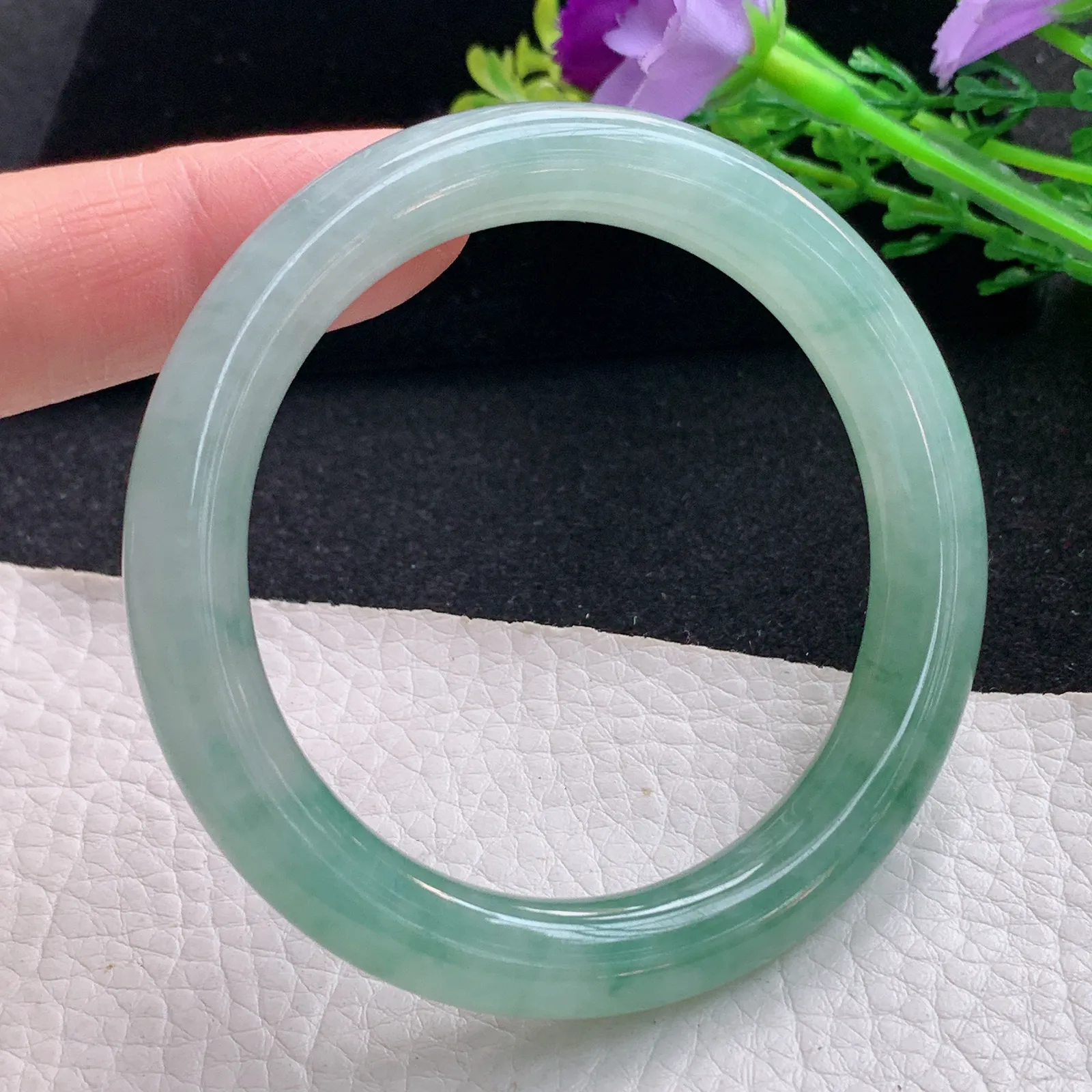 ay自然光53*9.2*9美人镯 缅甸翡翠a货玉手镯冰飘花圆条玉手环 叮当镯