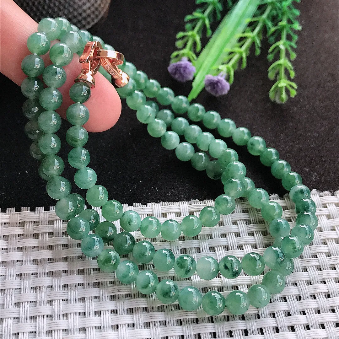 天然A货翡翠6.2/10.7颗老坑冰润起胶飘花圆珠项链翡翠玉珠手链