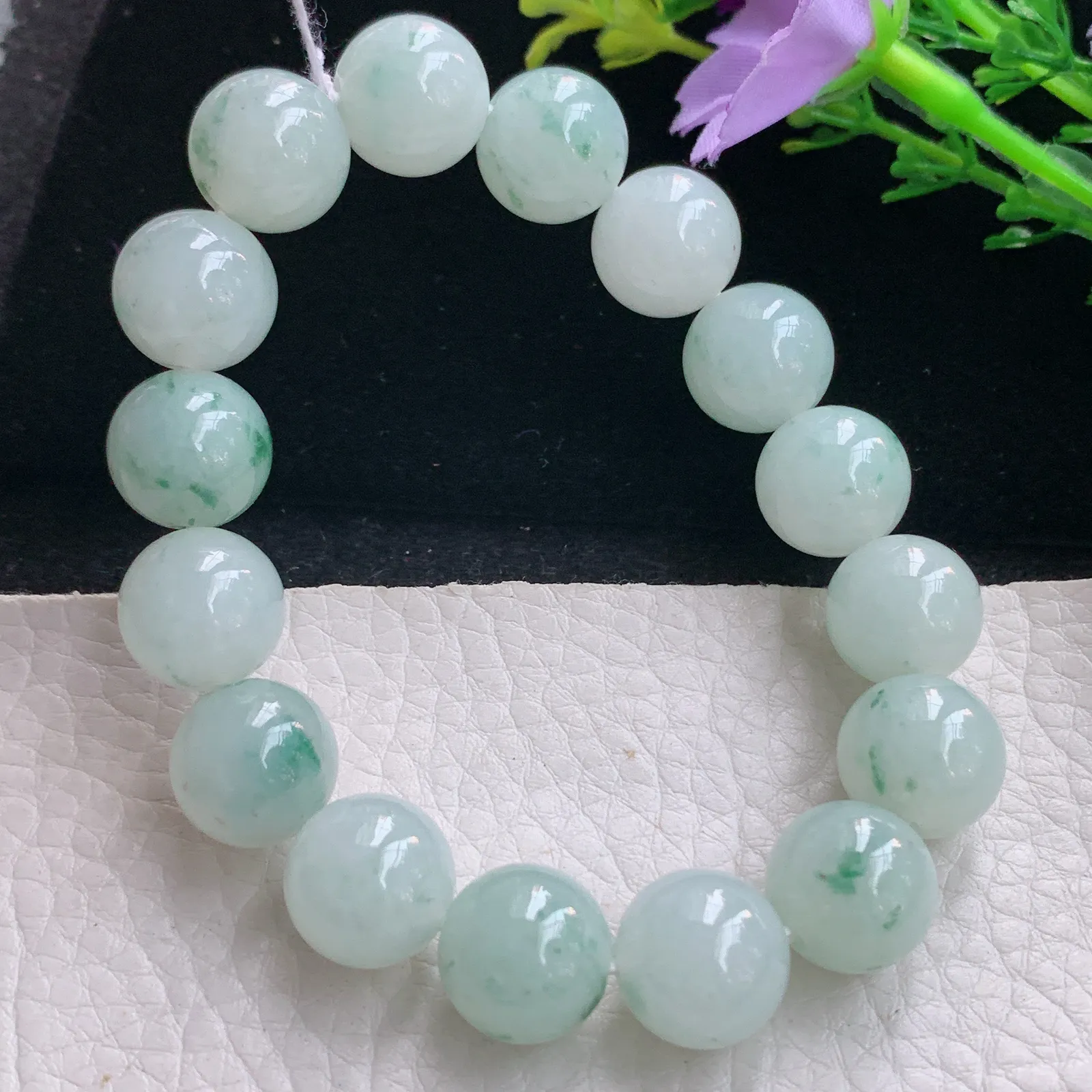 ss自然光12.6mm天然缅甸翡翠a货冰飘花圆珠玉手链  玉手串