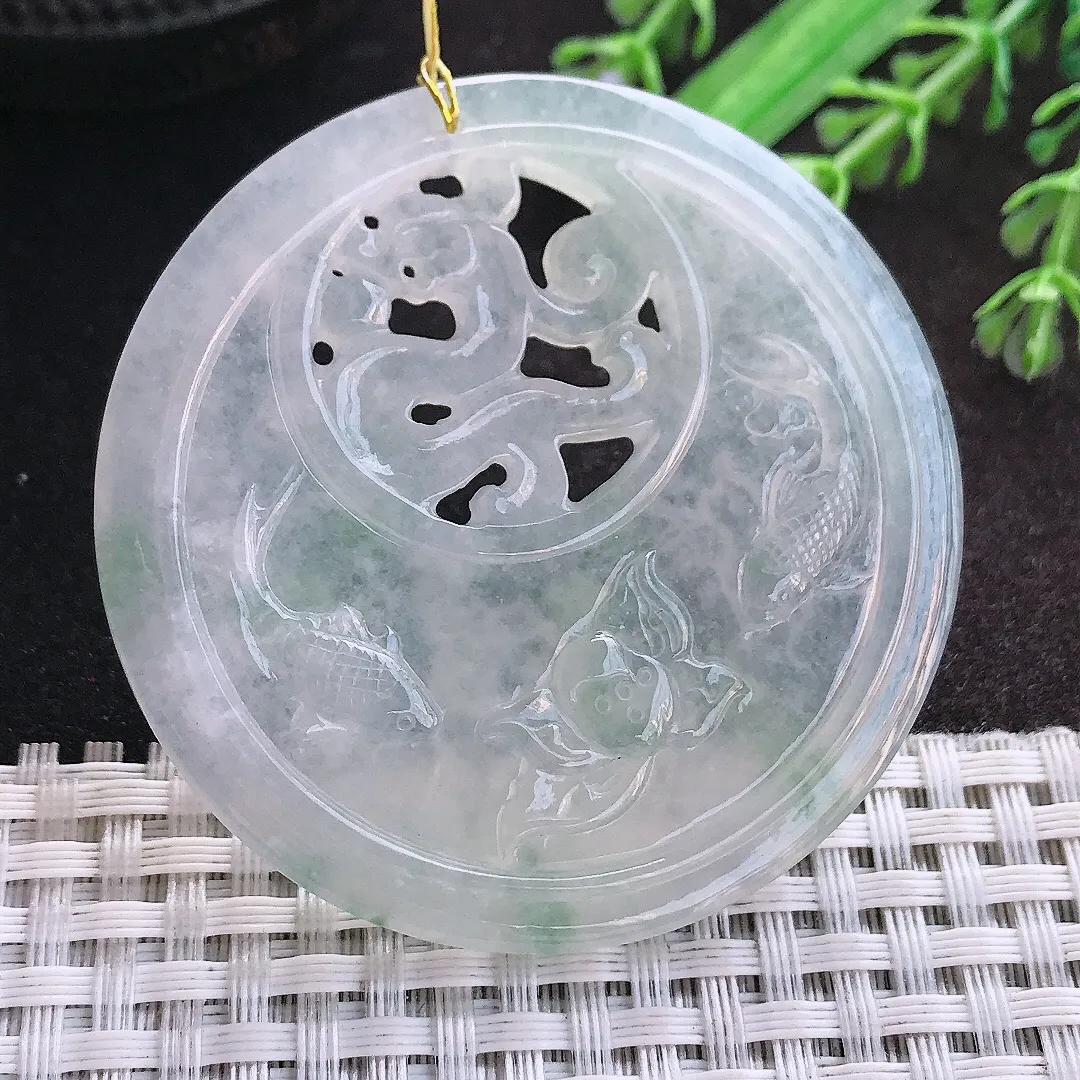 天然A货翡翠54.7/6老坑冰透果冻胶镂空连年有余吊坠翡翠玉挂件