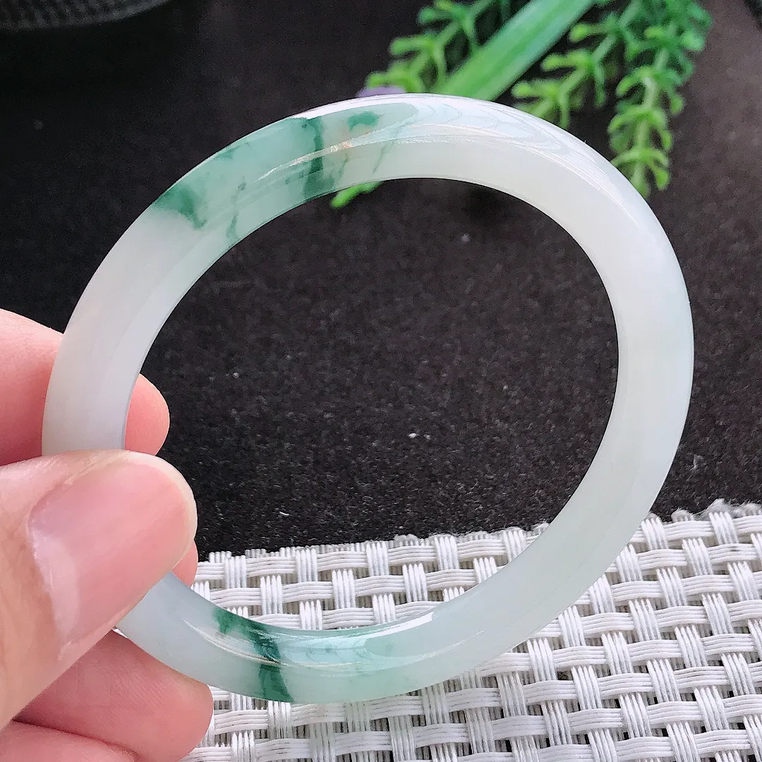 天然A货翡翠51.5/7.4/7.6老坑冰润起胶飘花圆条手镯小圈口细条玉镯