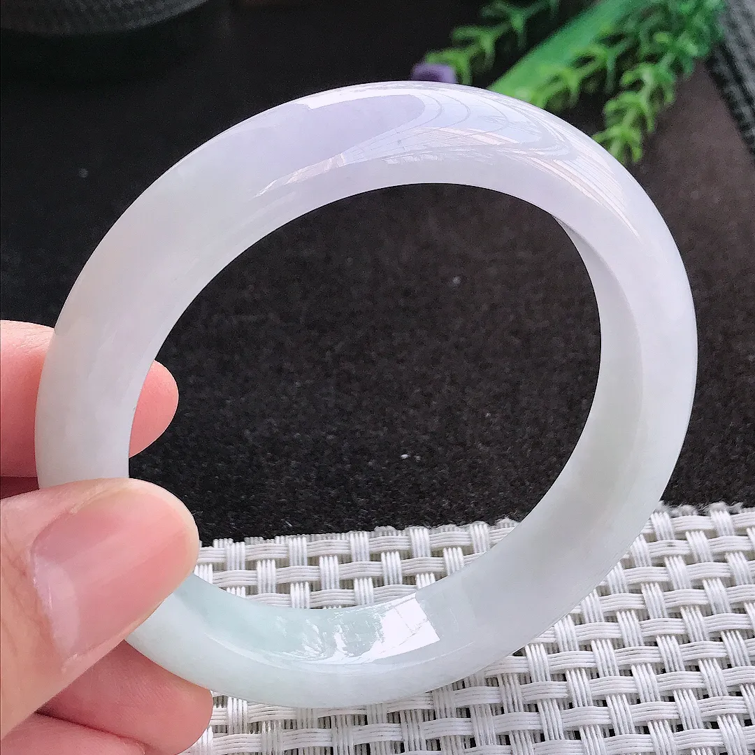 天然A货翡翠57/12.6/8.8老坑冰润起胶浅色紫罗兰手镯宽边玉镯