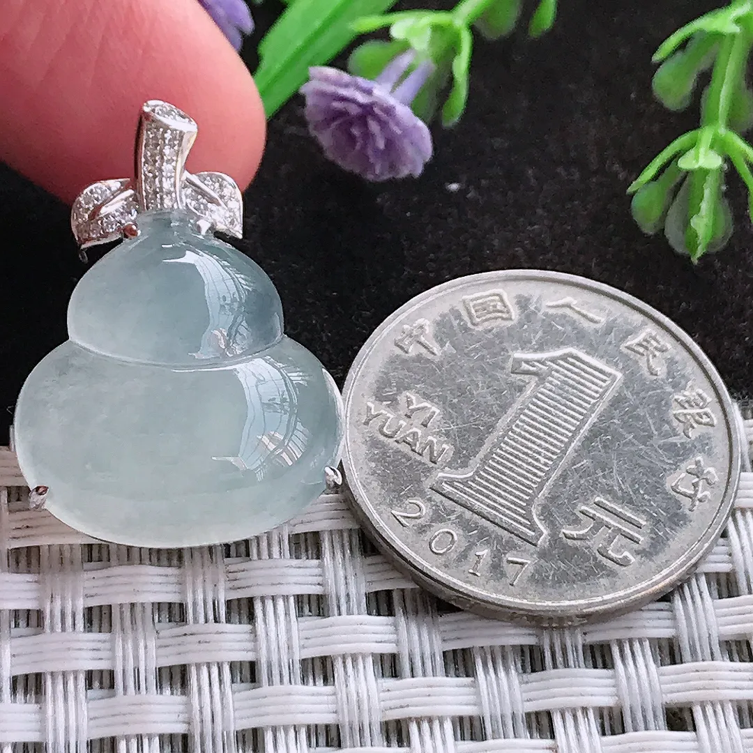 天然A货翡翠26.7/19.5/8.3老坑18k金镶嵌冰种葫芦吊坠翡翠玉挂件