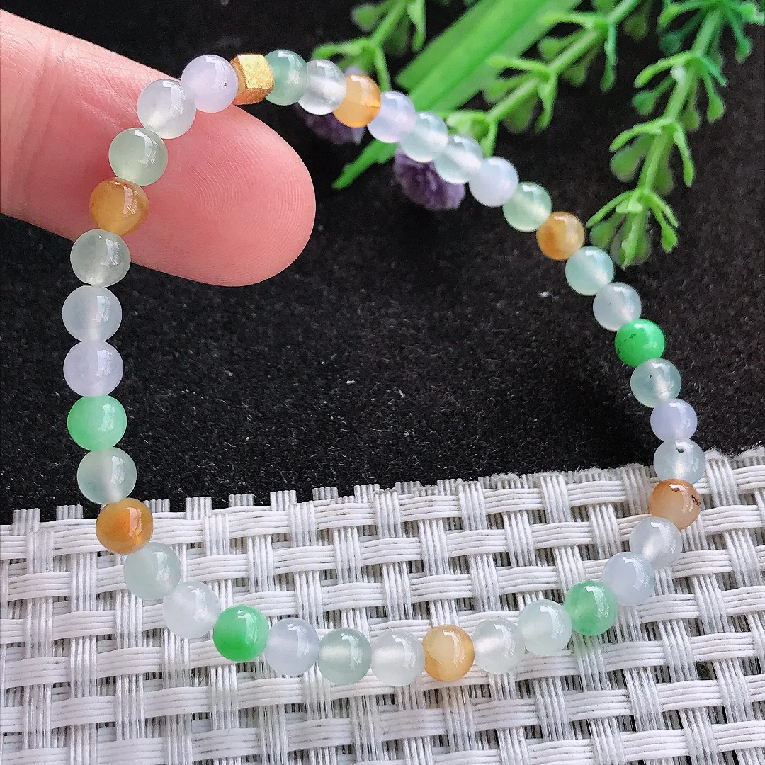 天然A货翡翠4.8/38颗老坑冰透起胶三彩小米珠手链玉珠手串