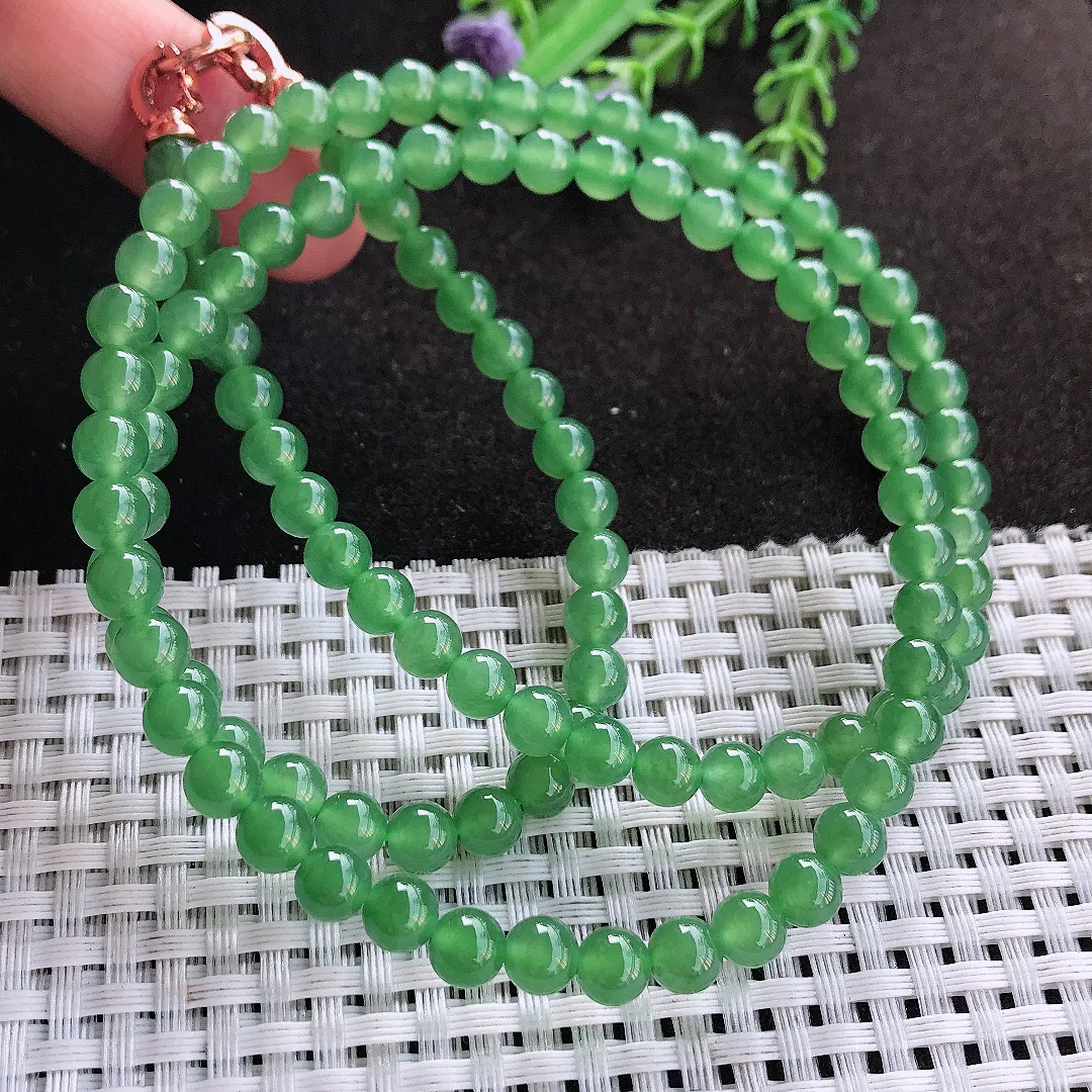 天然A货翡翠6/108颗老坑冰种果冻胶冰阳绿圆珠项链