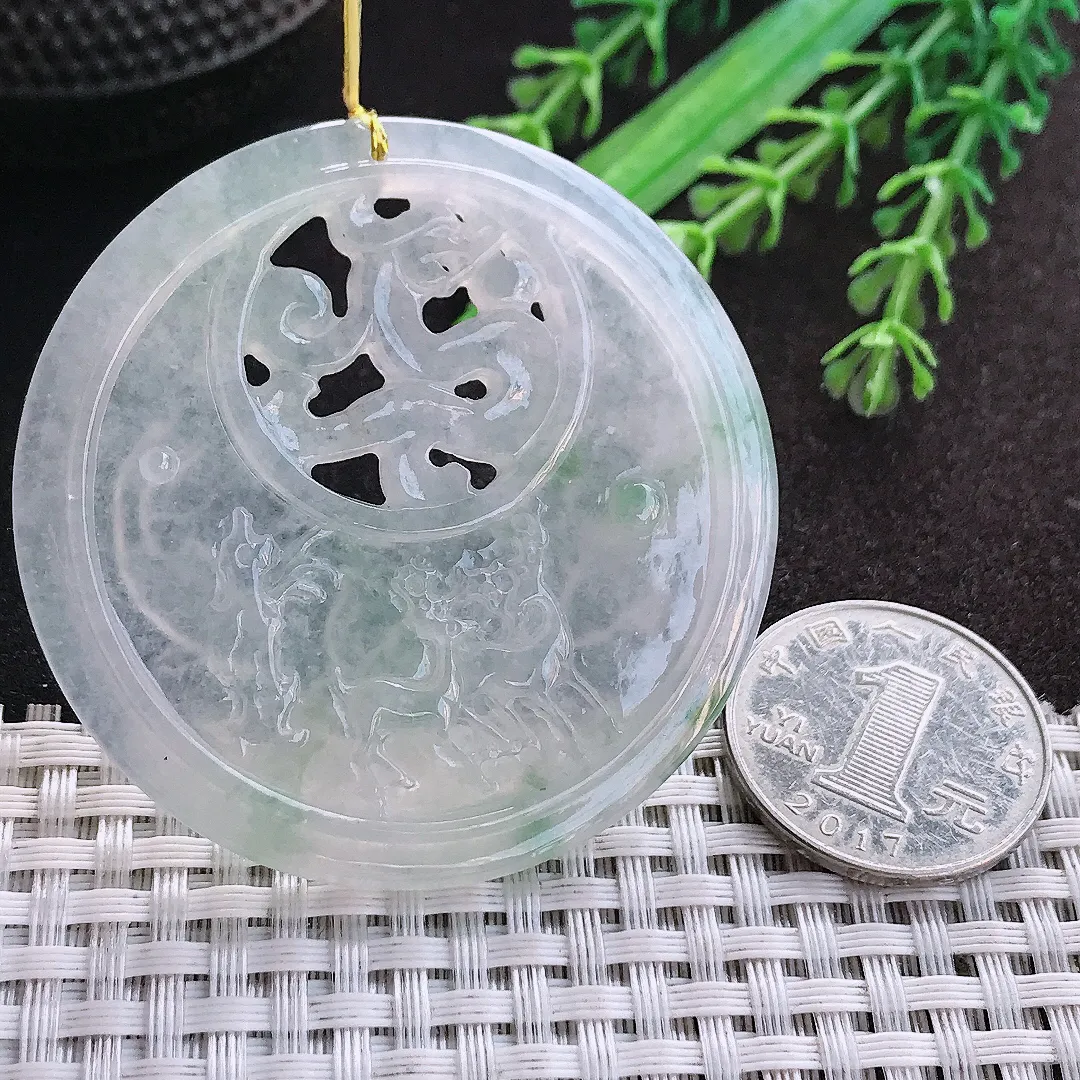 天然A货翡翠54.7/6老坑冰透果冻胶镂空连年有余吊坠翡翠玉挂件