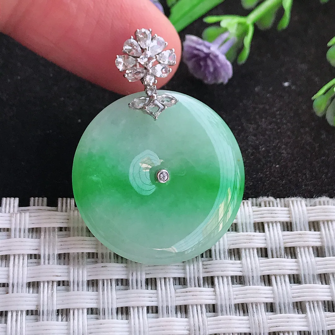 天然A货翡翠25.1/4老坑18k金镶嵌冰润飘阳绿平安扣吊坠翡翠玉挂件