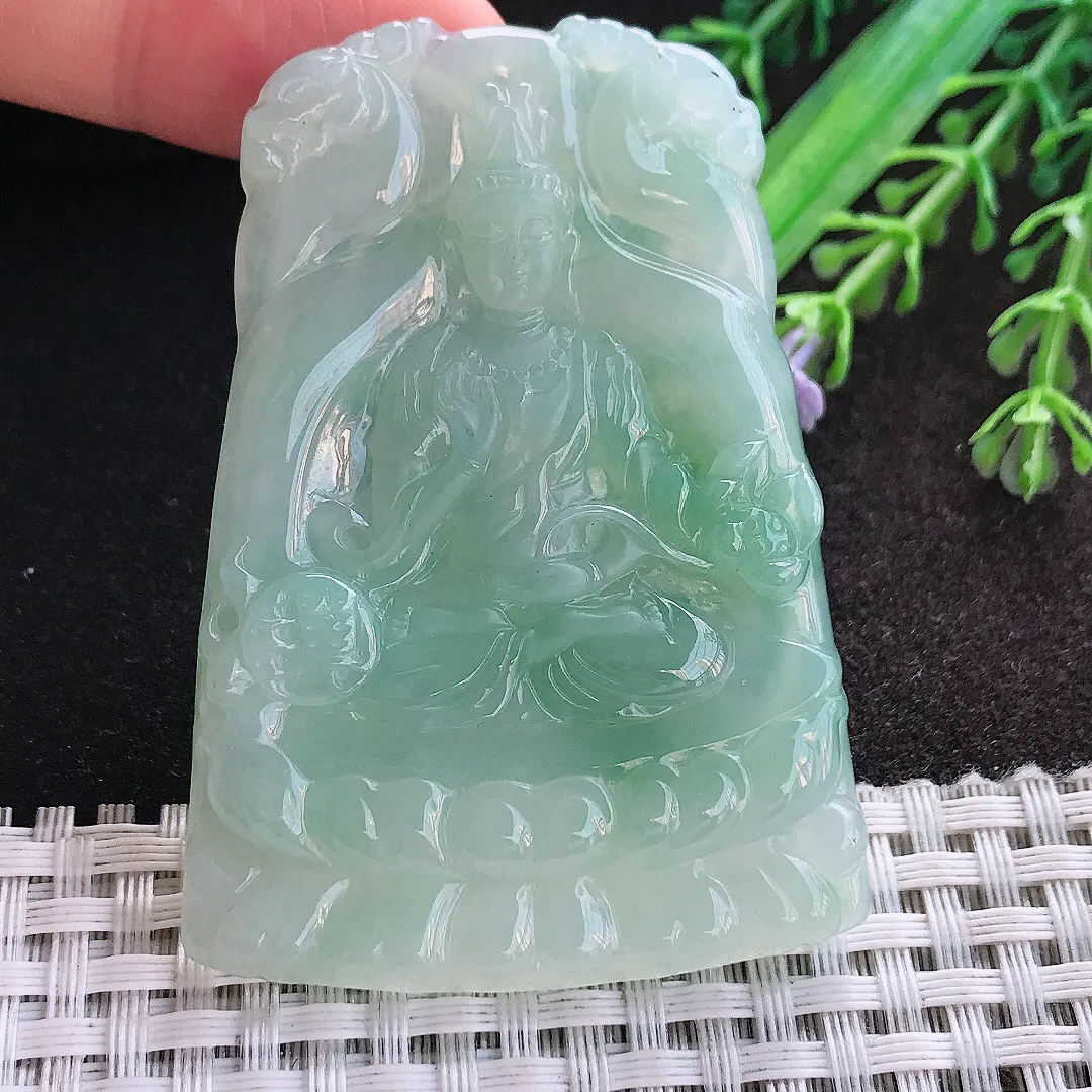 天然A货翡翠62/44.5/6老坑冰润起胶冰晴绿大势至菩萨吊坠翡翠玉挂件