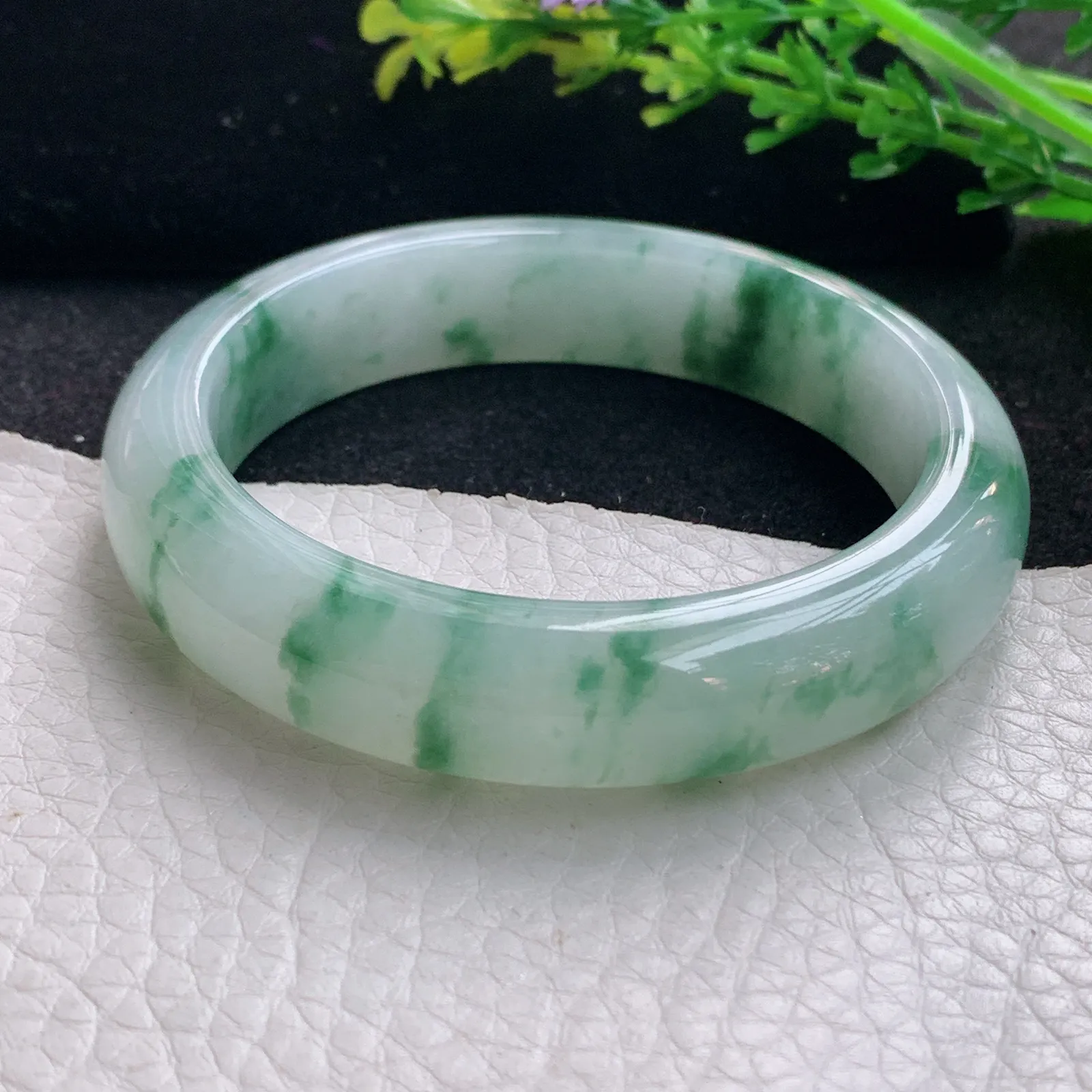 ay自然光53.5*12.8*8平安镯 缅甸翡翠a货玉手镯冰飘花宽边玉手环