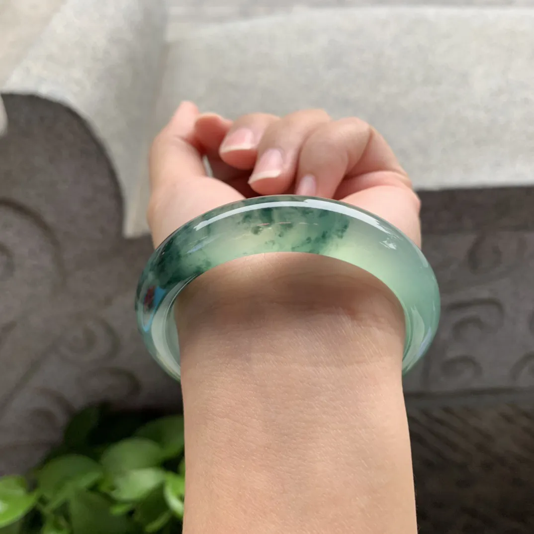 小圈口53-12.4-8.4 【冰种飘花正圈手镯】正圈53 54可戴 冰透水润