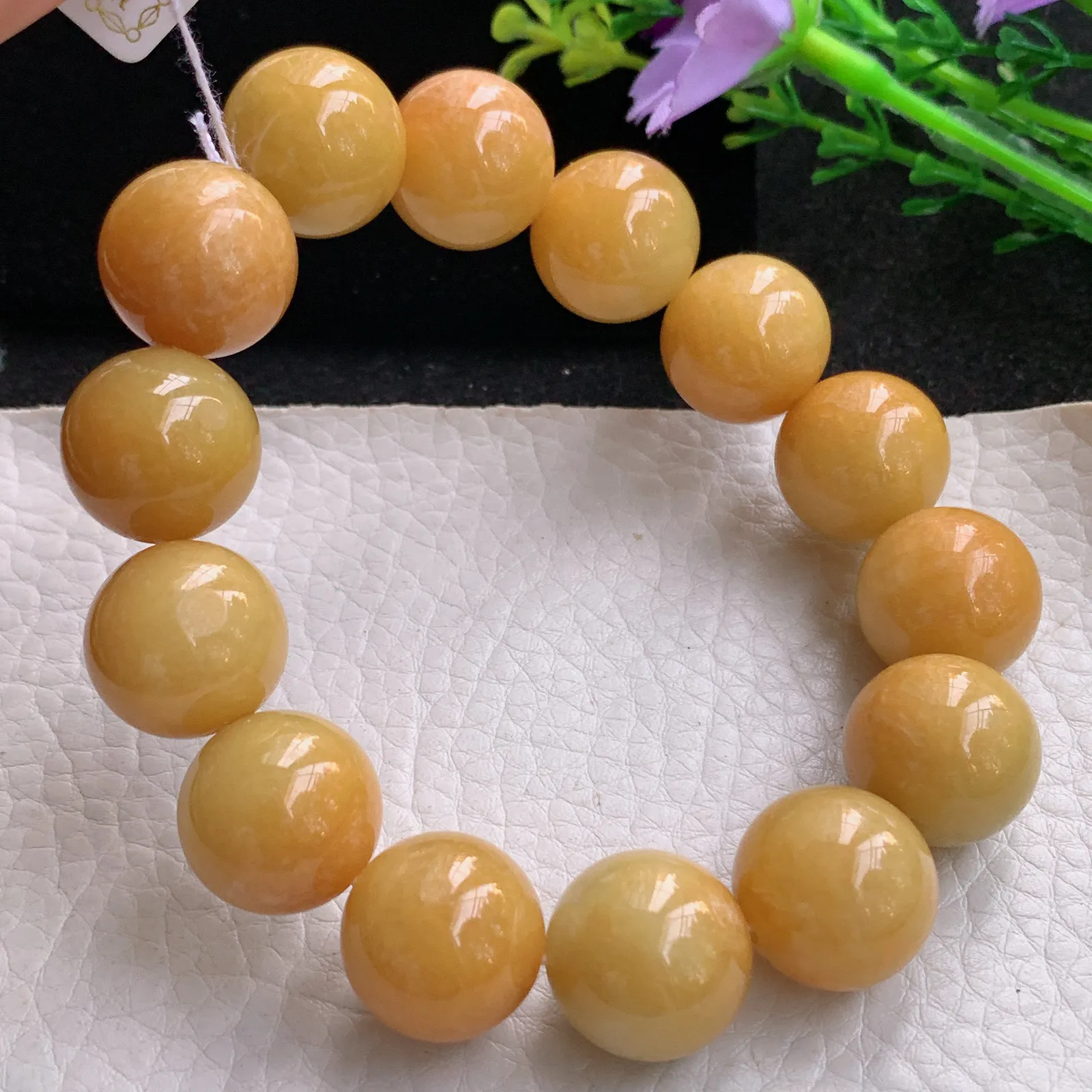 ss自然光16.3mm天然缅甸翡翠a货大颗粒黄翡水润圆珠玉手链  玉手串