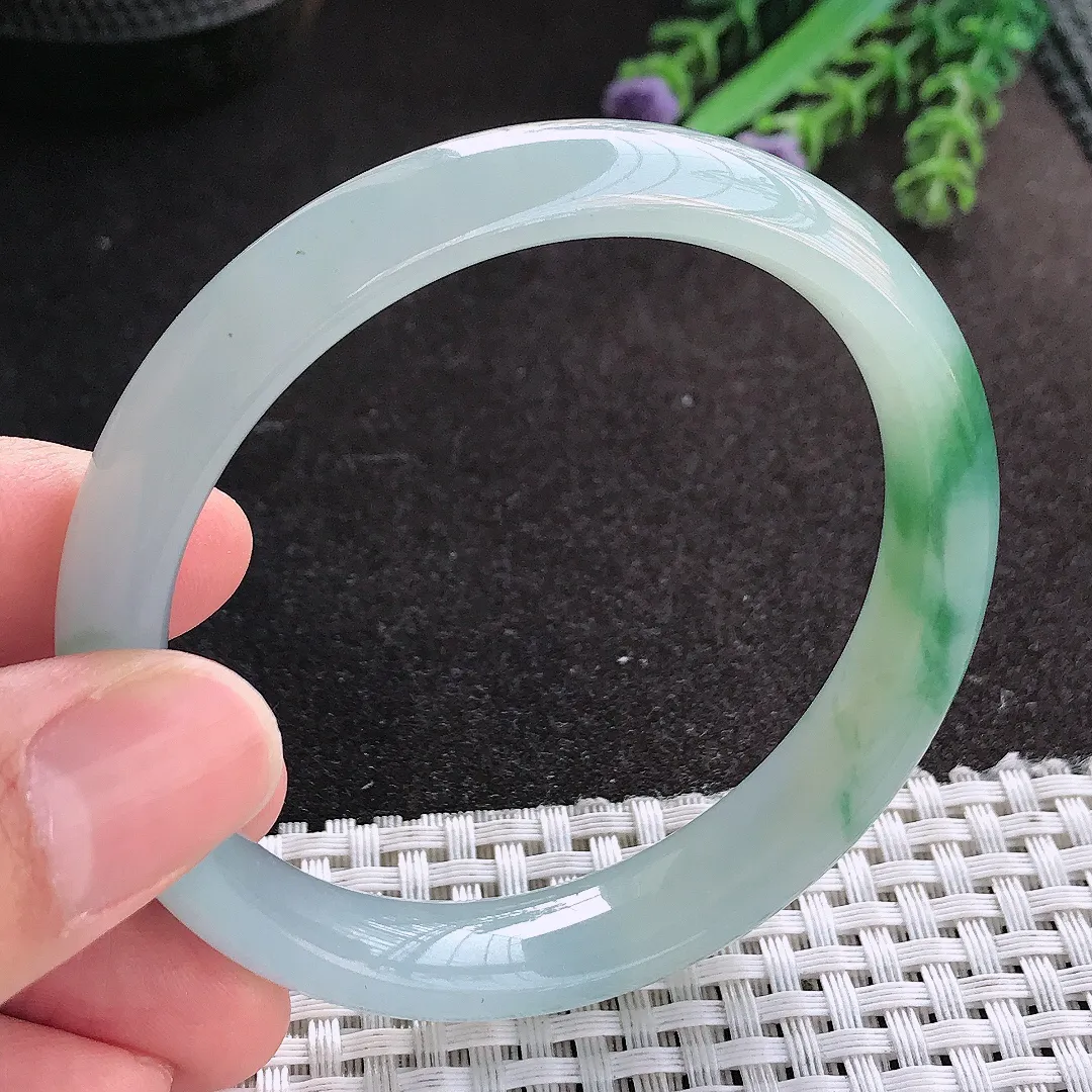 天然A货翡翠57/12.1/7.4老坑冰润果冻胶冰飘花手镯宽边玉镯