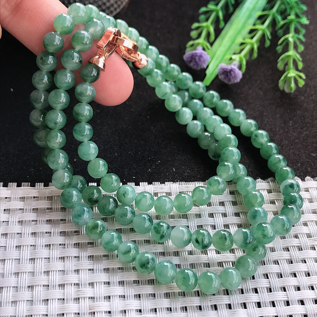 天然A货翡翠6.2/10.7颗老坑冰润起胶飘花圆珠项链翡翠玉珠手链