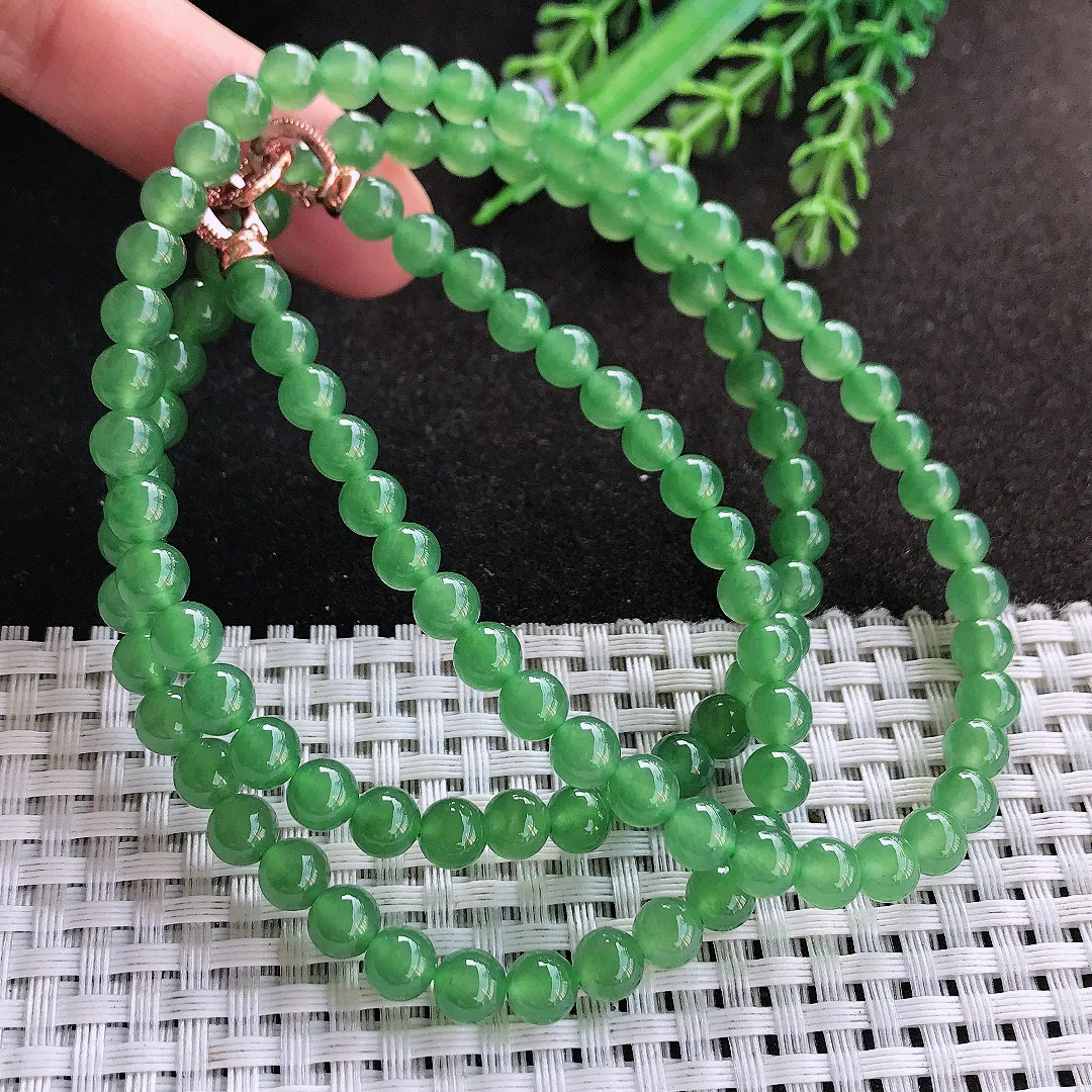 天然A货翡翠6/108颗老坑冰种果冻胶冰阳绿圆珠项链