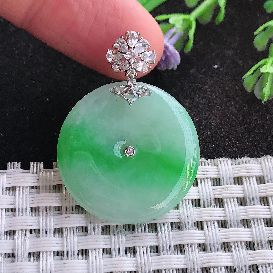 天然A货翡翠25.1/4老坑18k金镶嵌冰润飘阳绿平安扣吊坠翡翠玉挂件