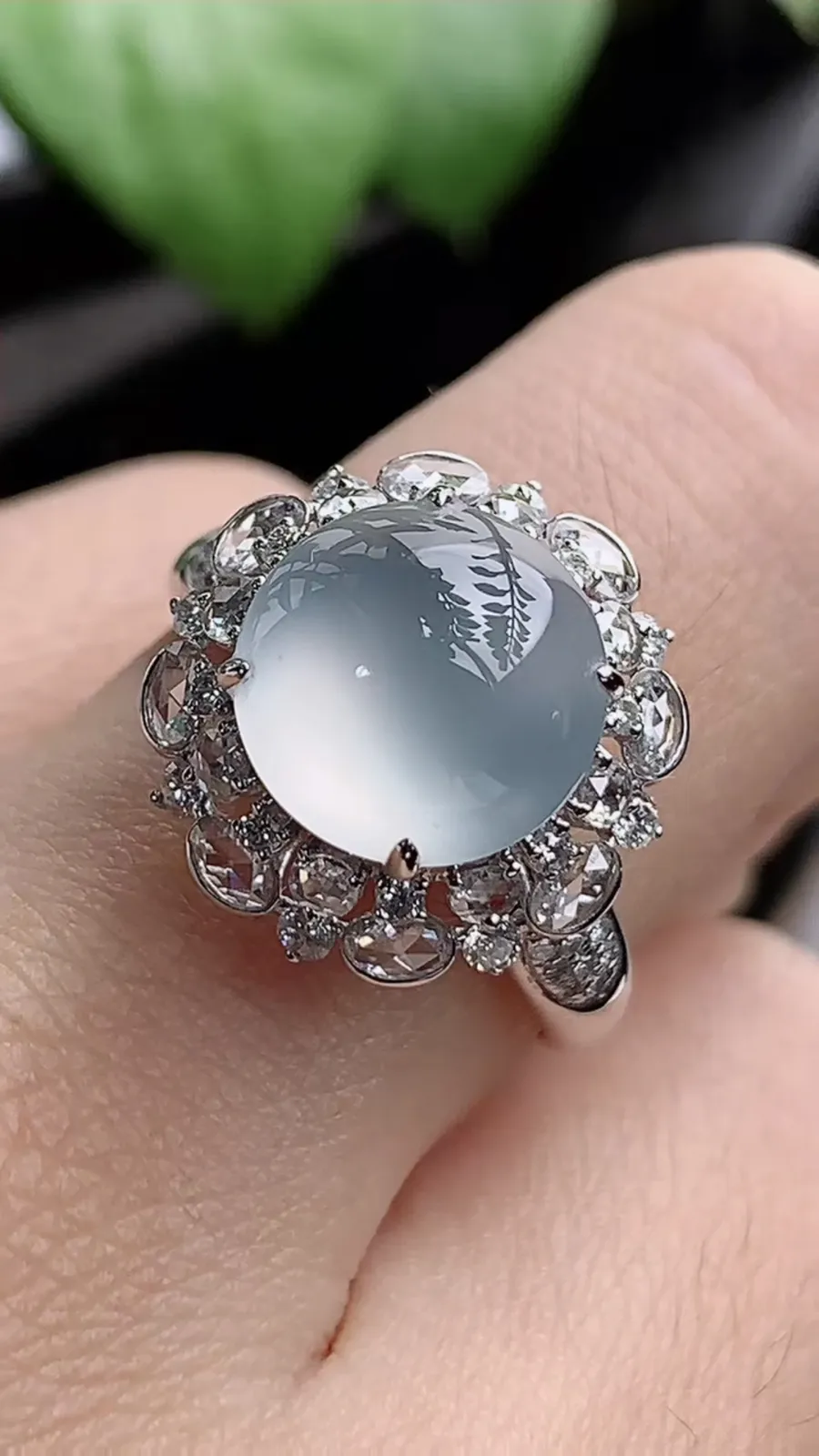 a货翡翠老坑冰种18K金伴钻镶嵌白月光蛋面戒指 圈口17.5裸石尺寸10.2mm 重量4.66g 1205