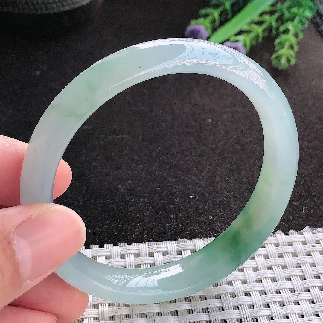 天然A货翡翠57/12.1/7.4老坑冰润果冻胶冰飘花手镯宽边玉镯