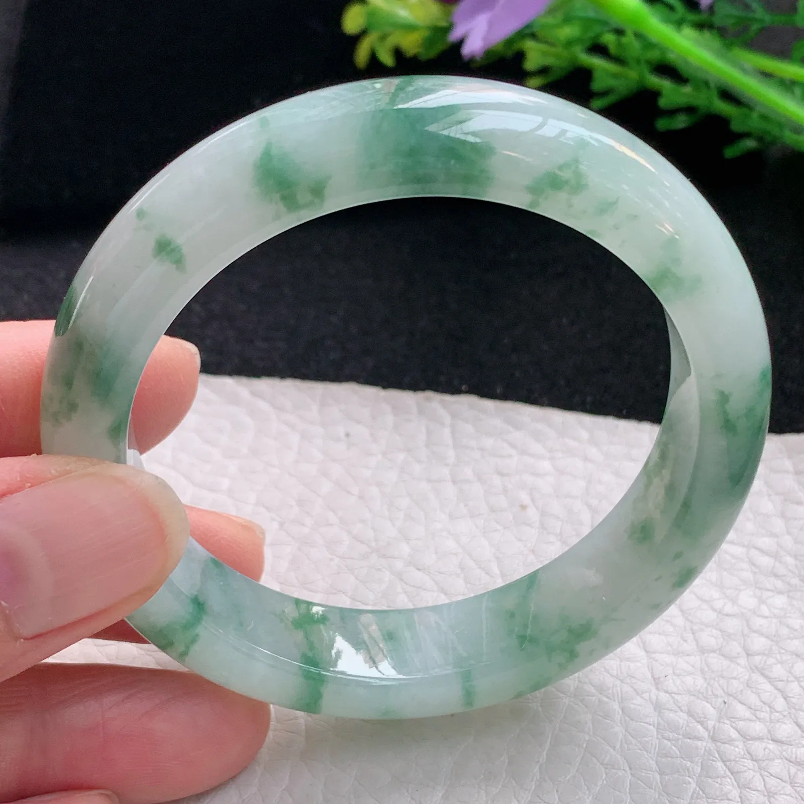 ay自然光53.5*12.8*8平安镯 缅甸翡翠a货玉手镯冰飘花宽边玉手环
