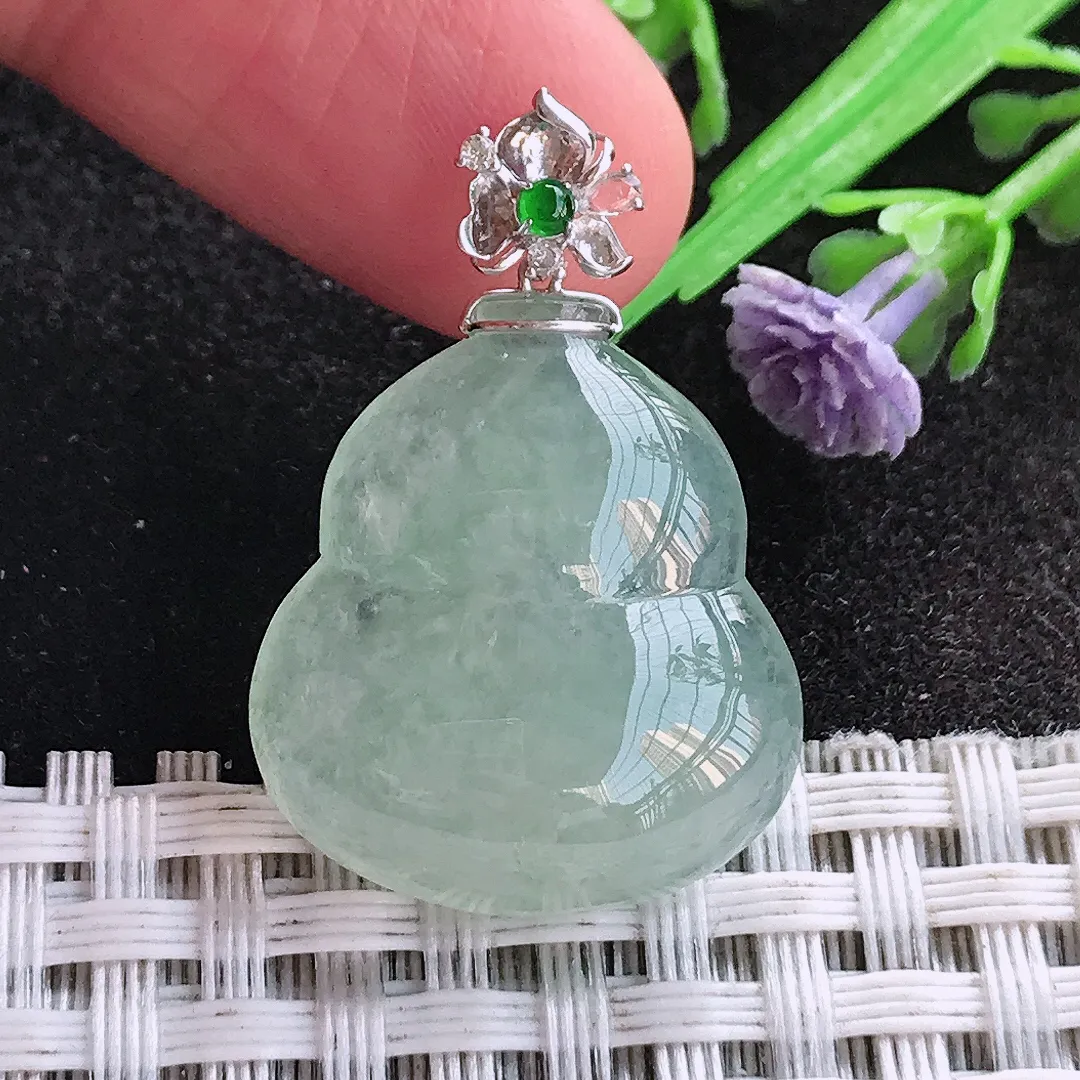 天然A货翡翠23/20.7/6.1老坑18k金镶嵌冰透起胶冰晴绿葫芦吊坠翡翠玉挂件