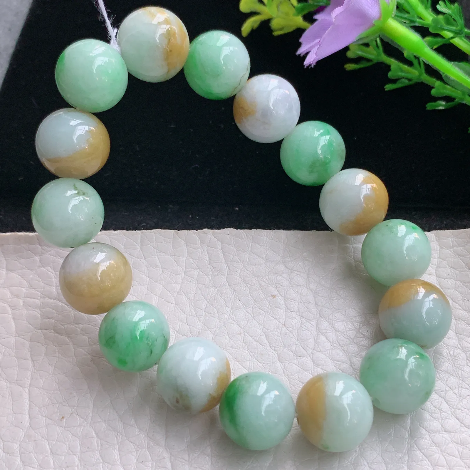 ss自然光13.3mm天然缅甸翡翠a货黄加绿水润圆珠玉手链  玉手串