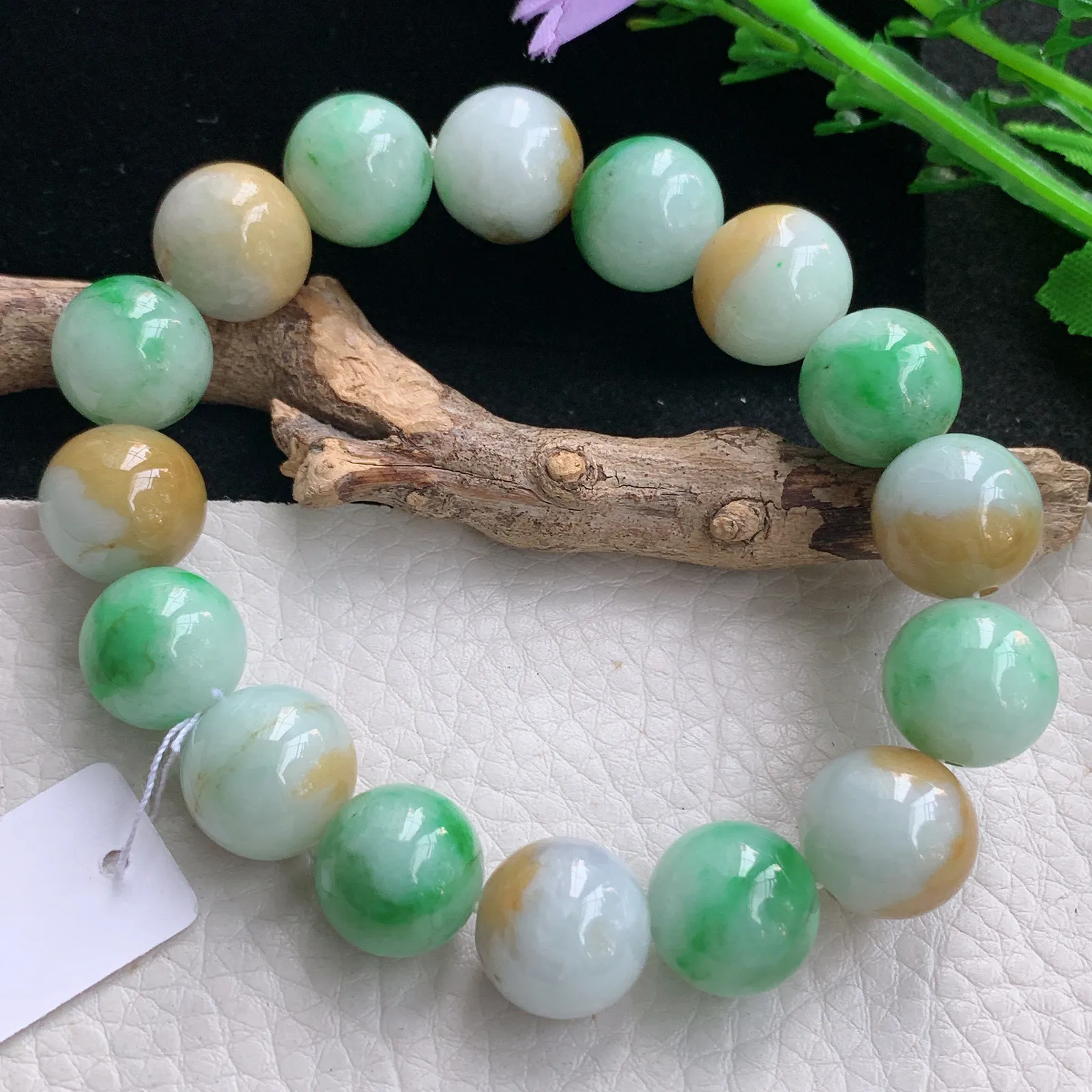 ss自然光13.3mm天然缅甸翡翠a货黄加绿水润圆珠玉手链  玉手串