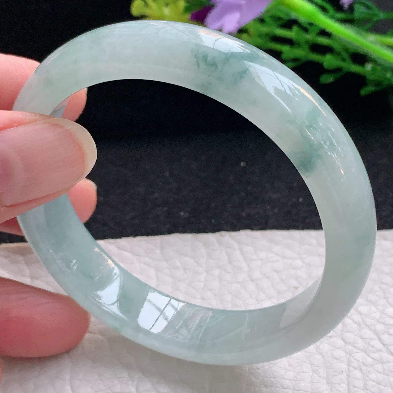 xx自然光55*12.5*7.2平安镯 缅甸翡翠a货玉手镯冰飘花宽边玉手环