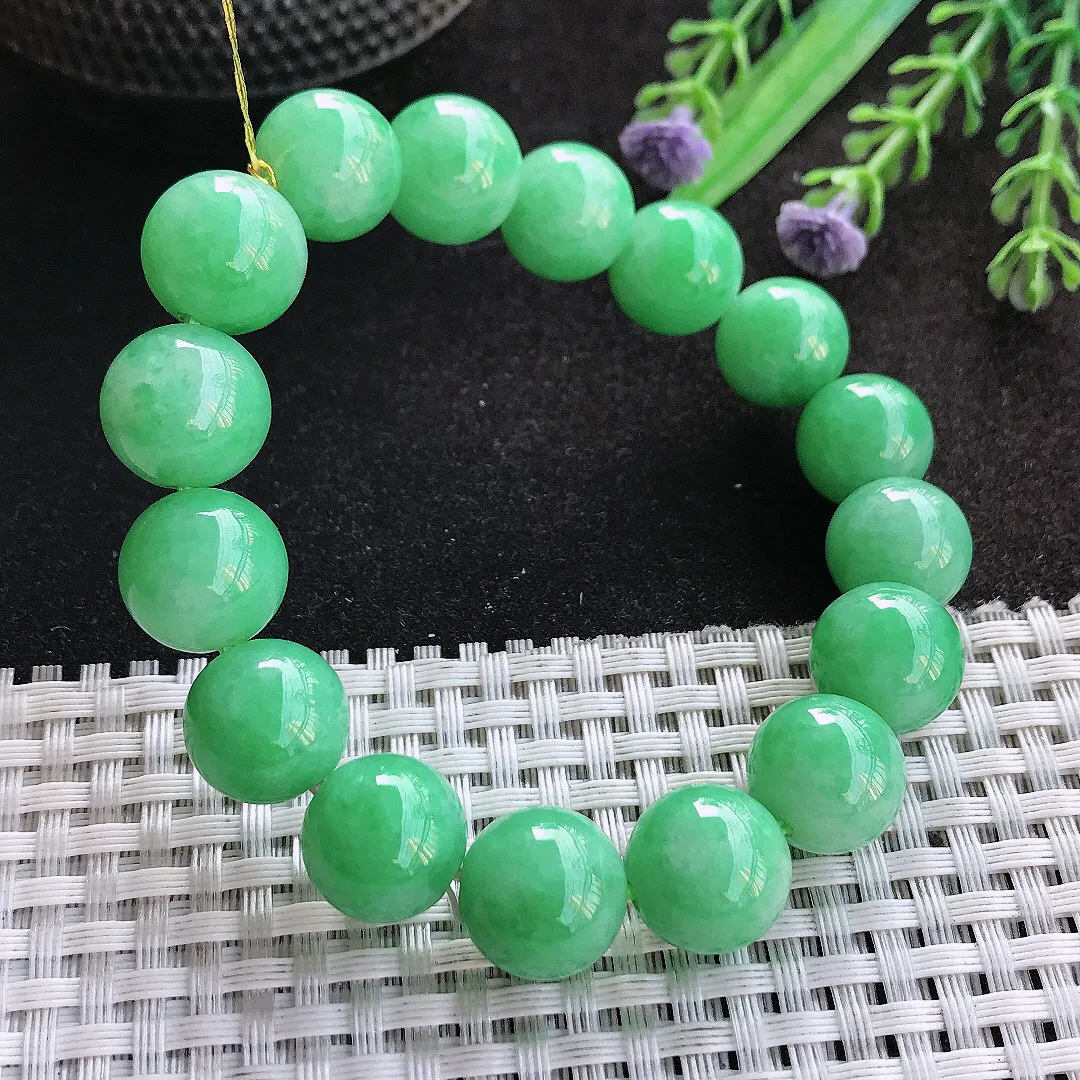 天然A货翡翠12.8/16颗老坑精美温润满阳绿苹果绿手链玉串