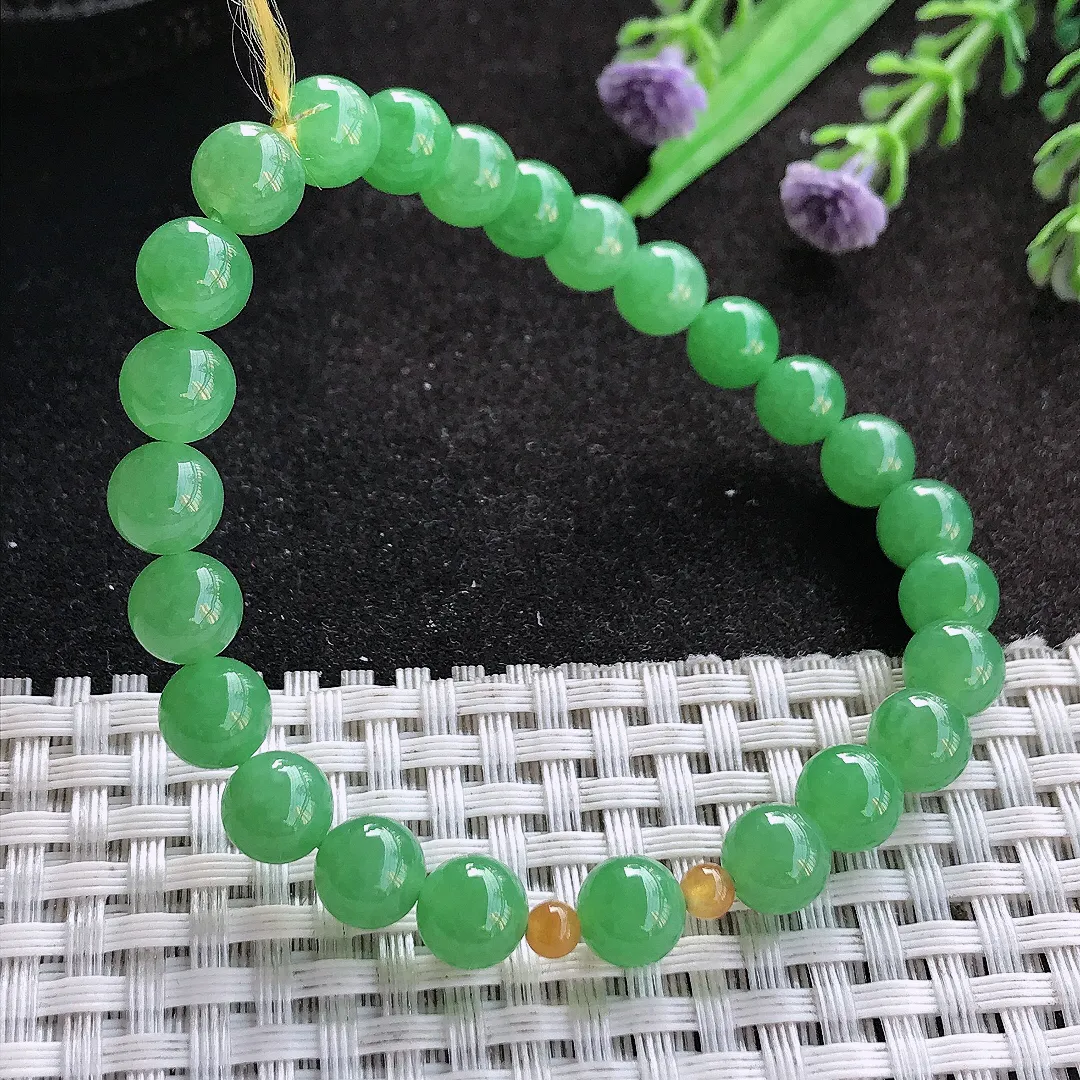 天然A货翡翠7.5/26颗老坑冰润起胶满绿阳绿手链翡翠玉珠手串