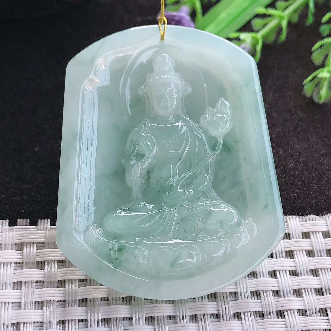 天然A货翡翠53.6/43.8/6老坑秀气温润飘花大势至菩萨吊坠翡翠玉挂件