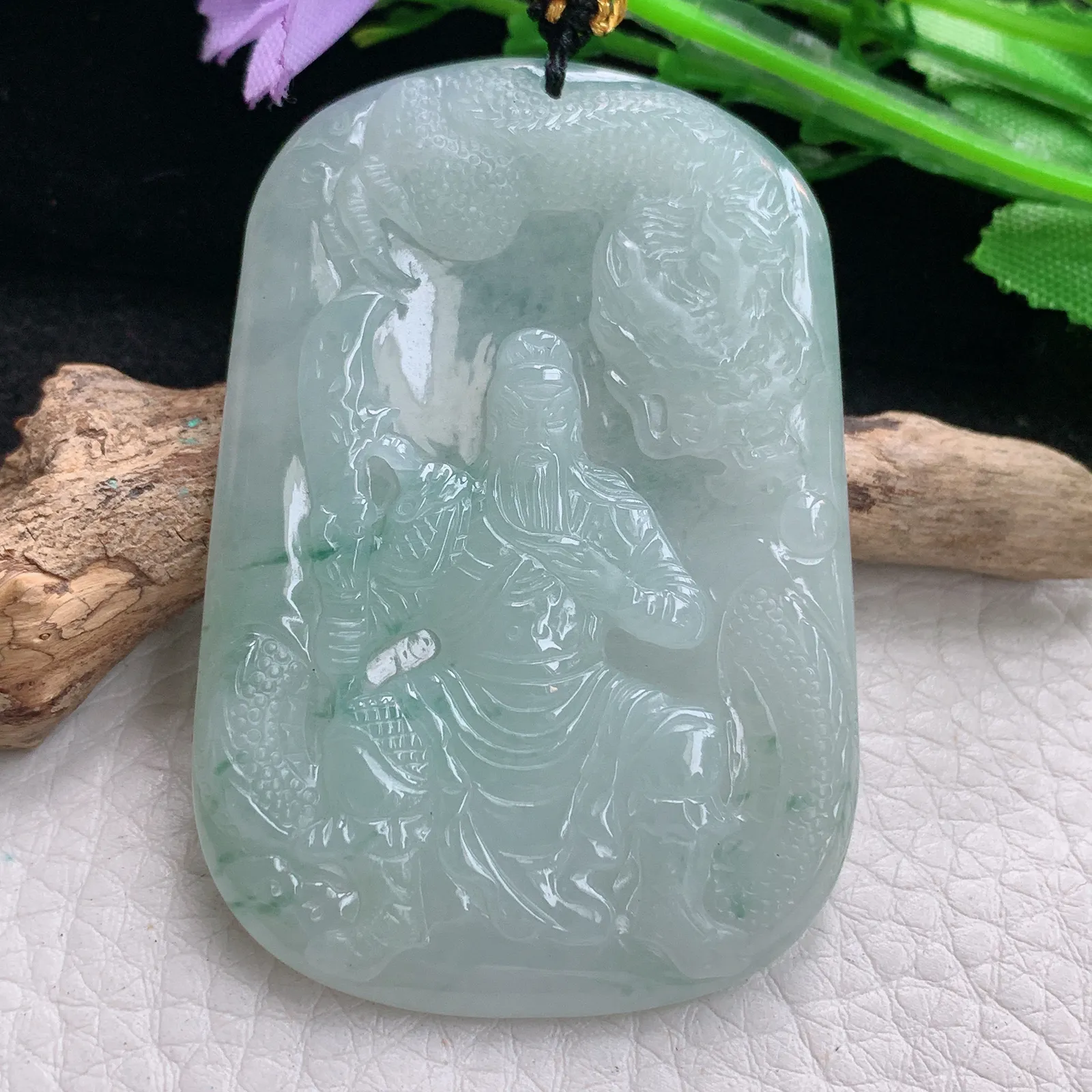 kh实拍57.8*39.5*5.2缅甸翡翠飘花御龙关公 玉观音玉吊坠 玉挂件