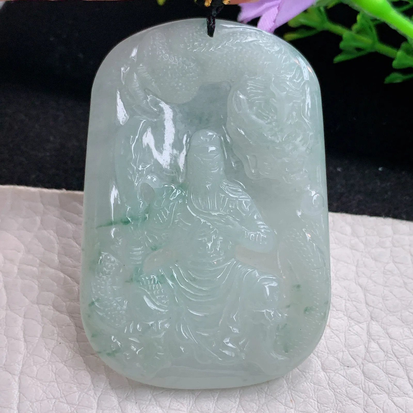 kh实拍57.8*39.5*5.2缅甸翡翠飘花御龙关公 玉观音玉吊坠 玉挂件