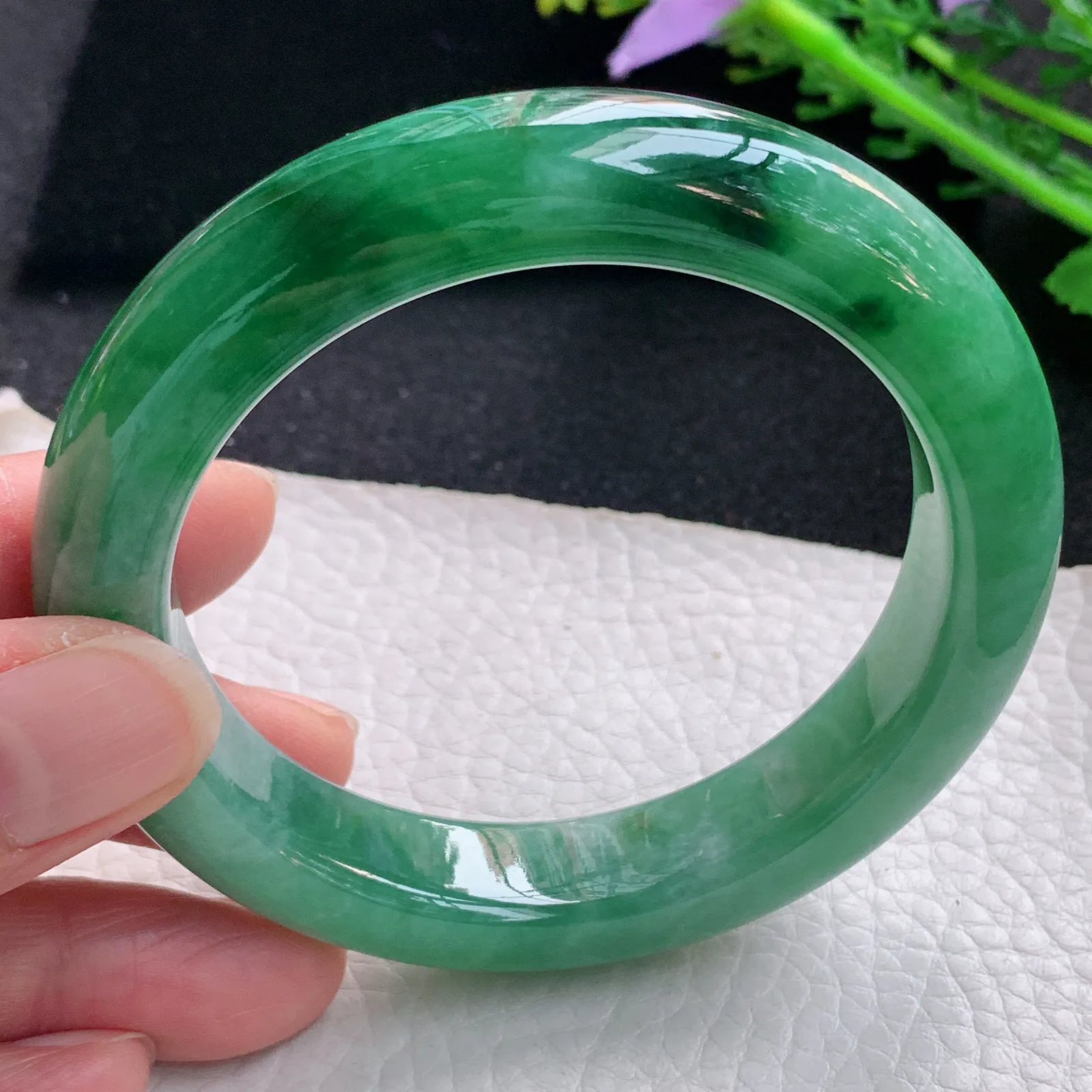 xo自然光58.8*12.8*10.2平安镯 缅甸翡翠a货玉手镯辣绿厚装宽边玉手环