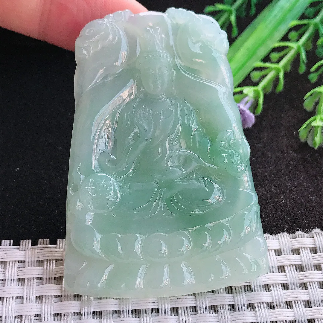 天然A货翡翠62/44.5/6老坑冰润起胶冰晴绿大势至菩萨吊坠翡翠玉挂件