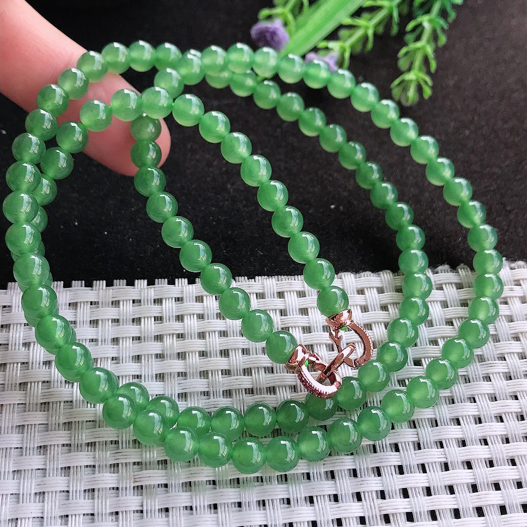 天然A货翡翠6/108颗老坑冰种果冻胶冰阳绿圆珠项链