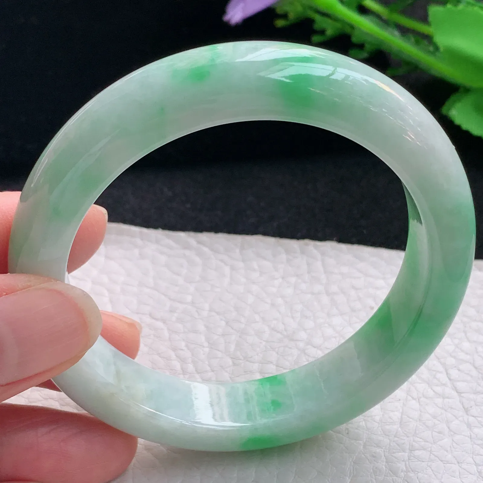 ss自然光57*13.2*9平安镯 缅甸翡翠a货玉手镯飘绿宽边玉手环