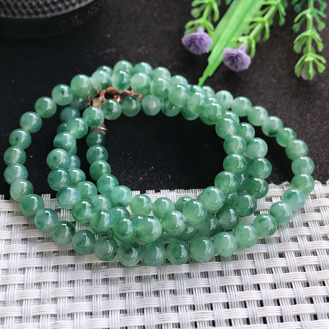 天然A货翡翠6.2/10.7颗老坑冰润起胶飘花圆珠项链翡翠玉珠手链
